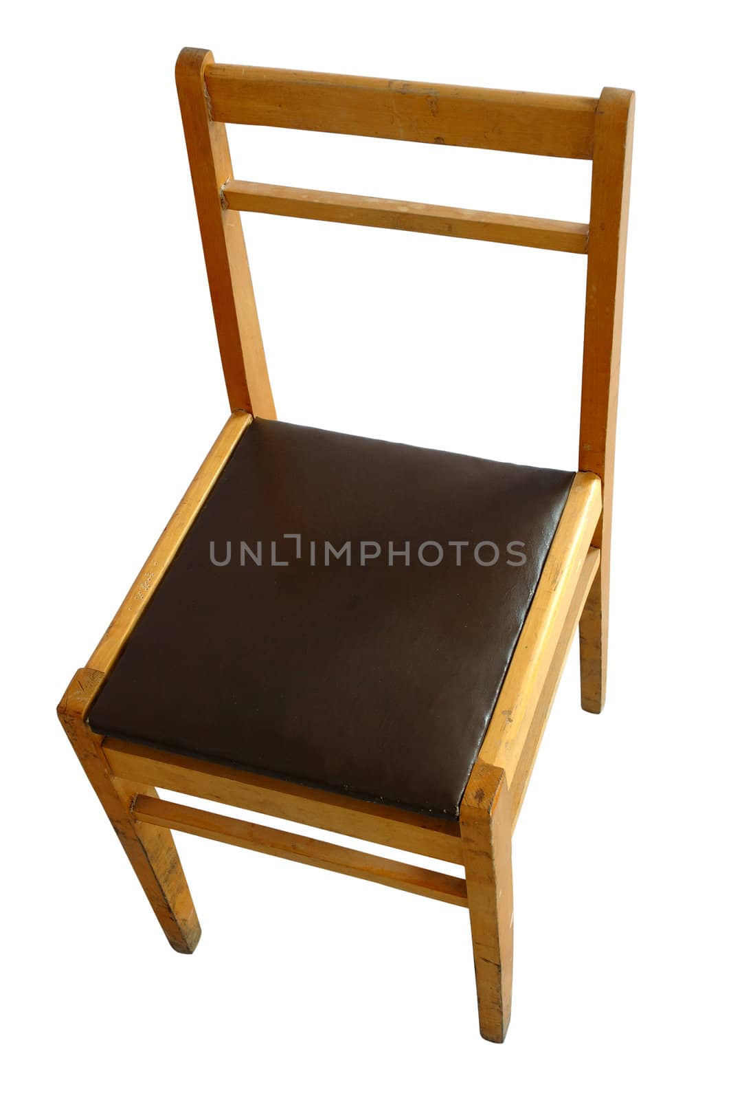 Old school wooden scratched chair on isolated background.