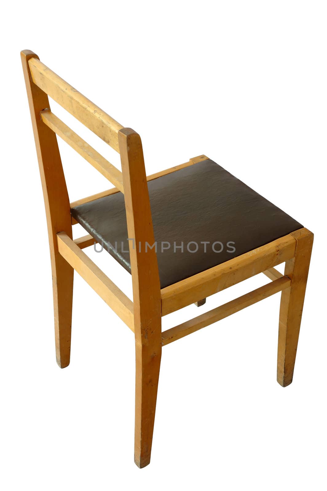 Old school wooden scratched chair on isolated background.