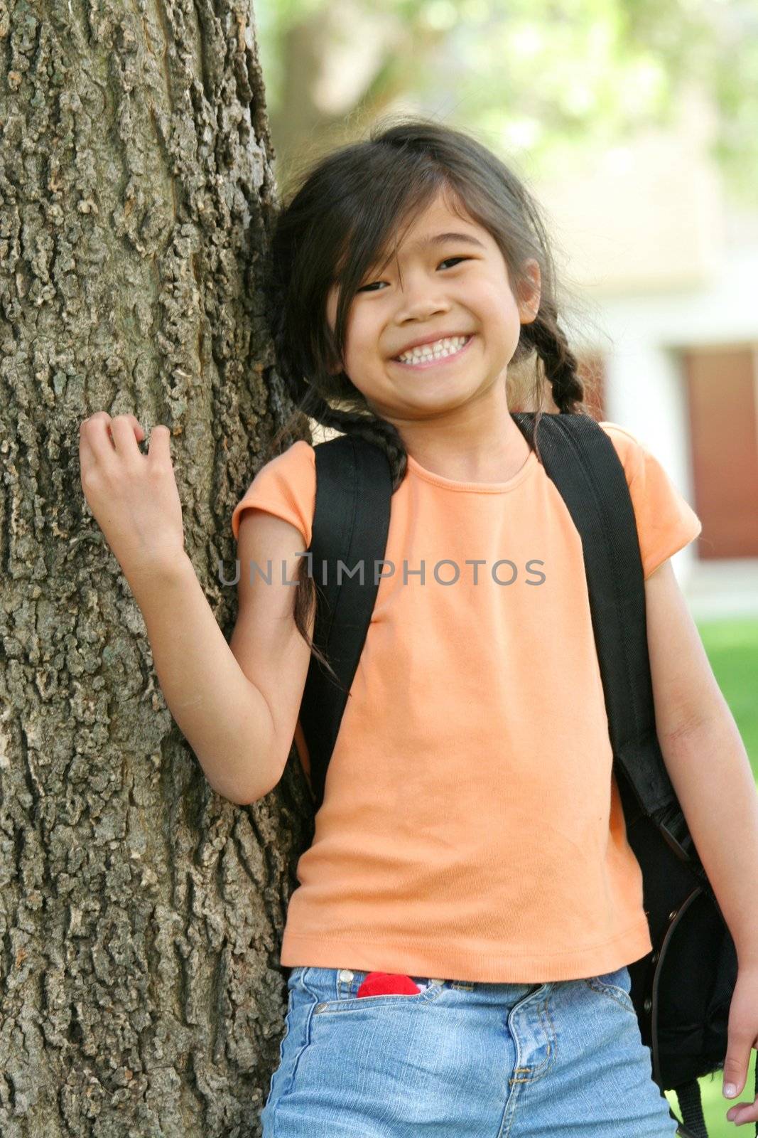 Adorable five year old girl ready for first day of school;