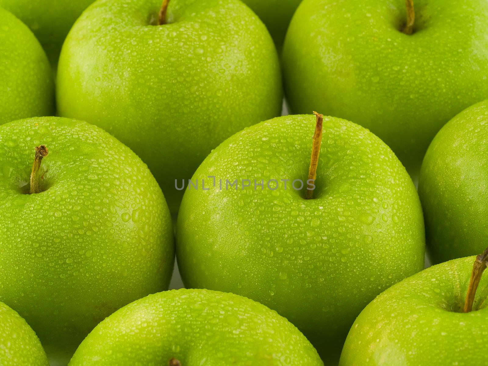 Green apples arranged in rows