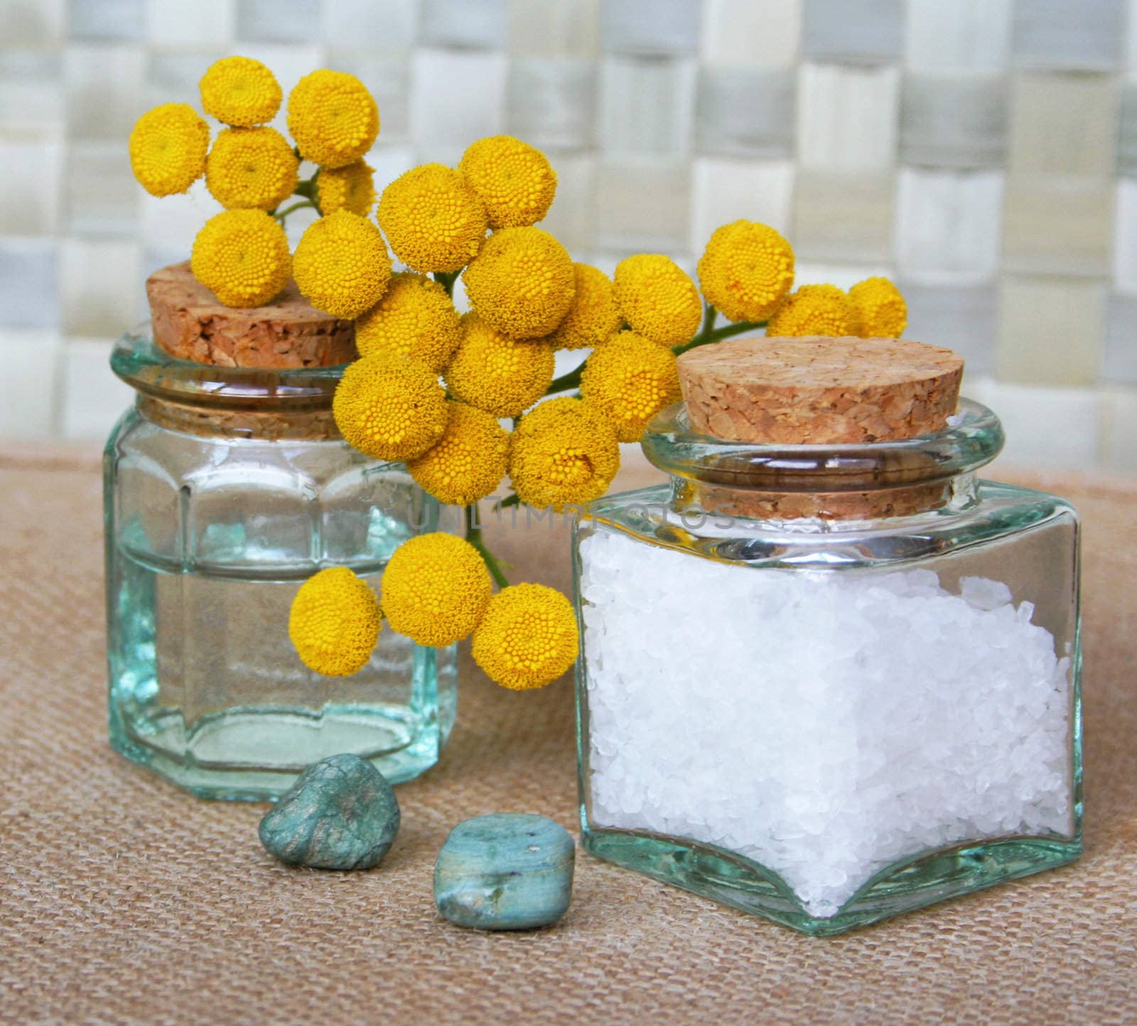 Bottles of essential oil and sea salt with yellow camomiles in spa composition 