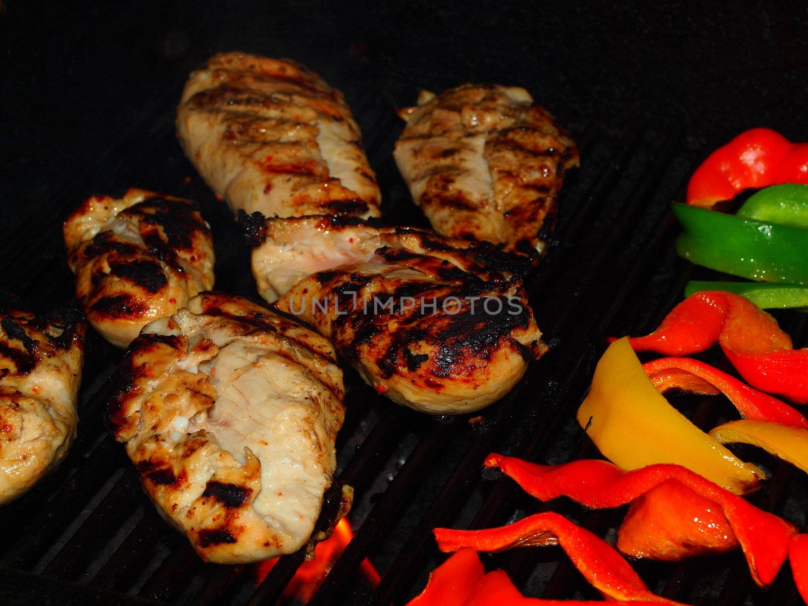 Fresh Grilled Chicken Breasts and Vegetables on the Barbecue