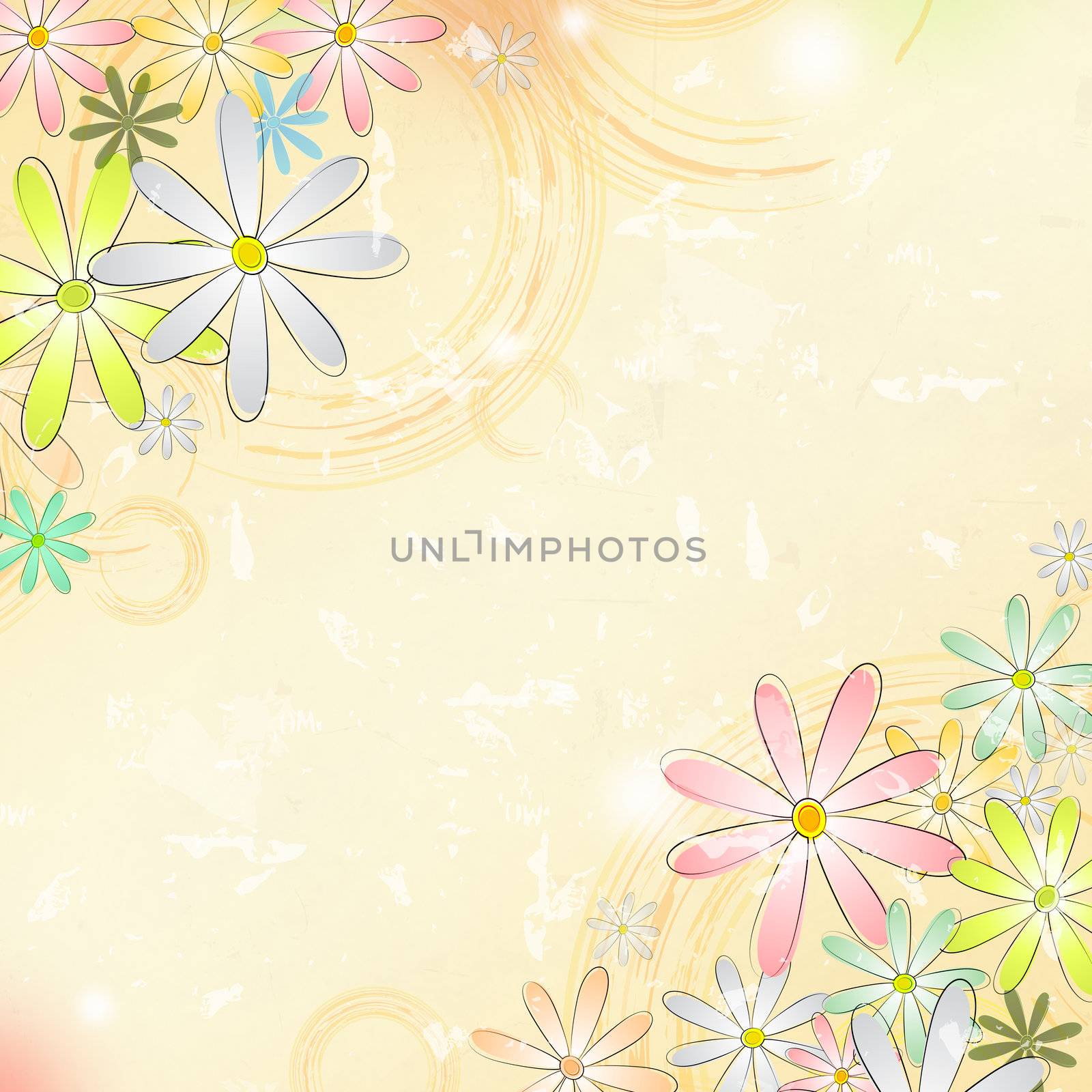 vintage background with multicolored flowers and circles over beige old paper with text space, diagonally