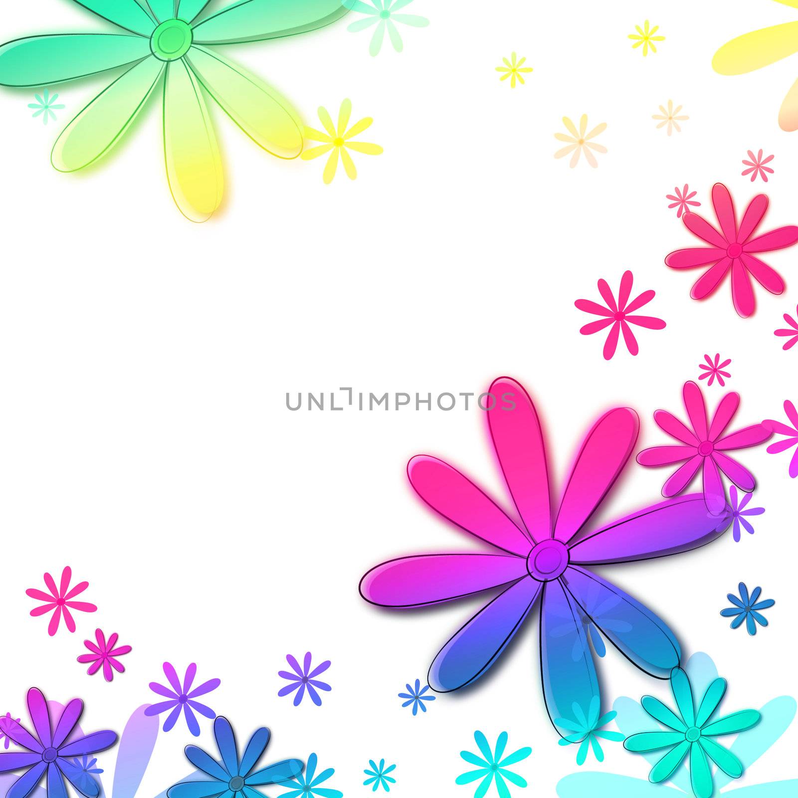 spring background with multicolored flowers over white gradient