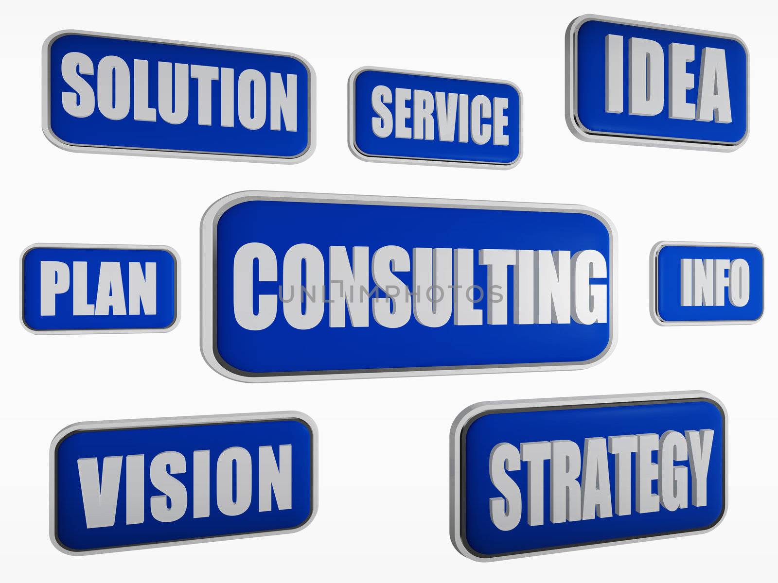 consulting - text in 3d blue banners with business concept words