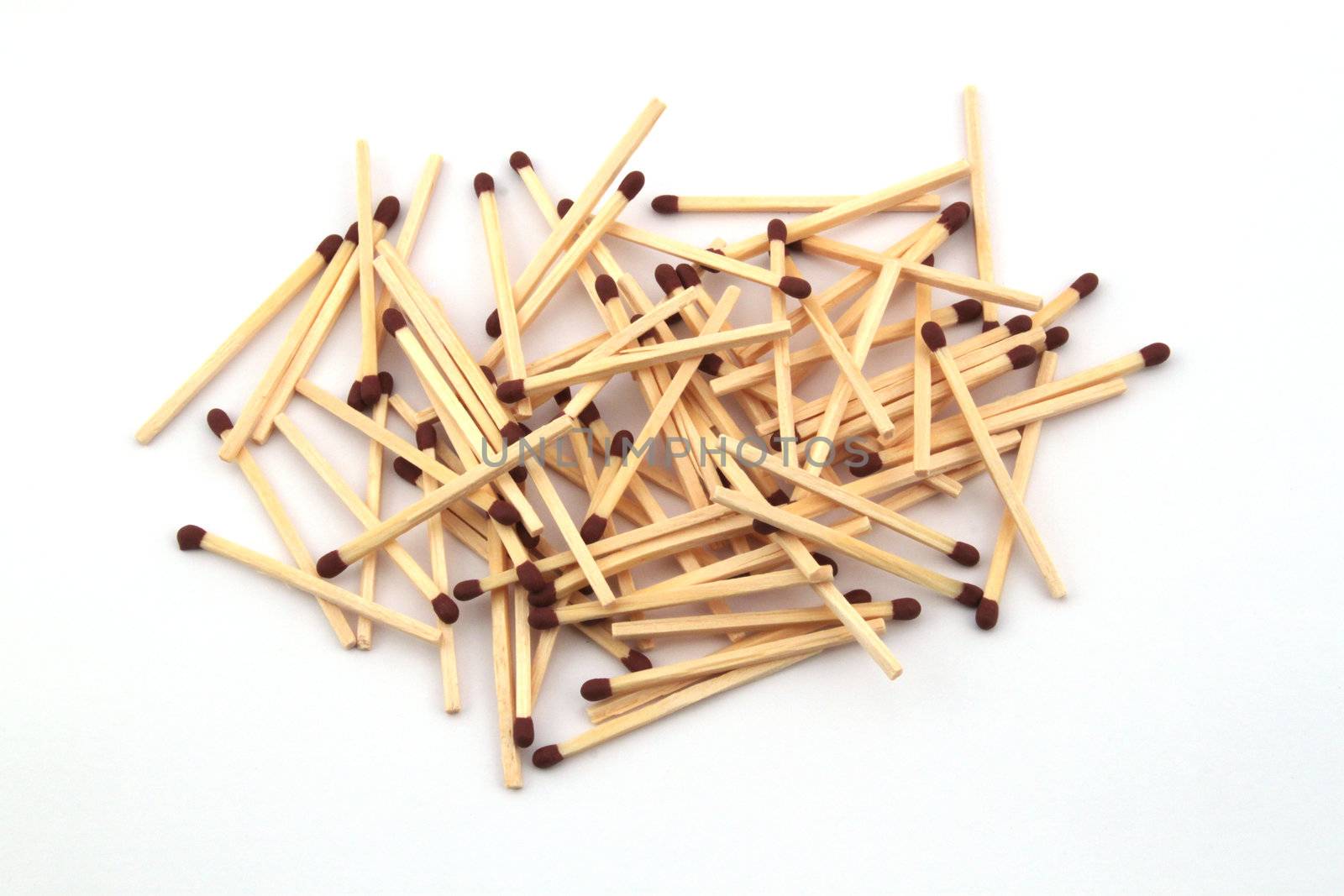 A pile of safety matches on a white background.