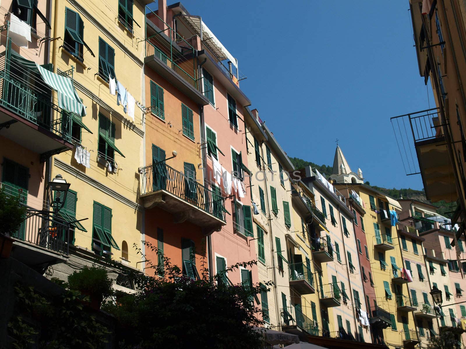 Colour facades of buildings in Riomaggiore  .Riomaggiore - one of the cities of Cinque Terre in italy