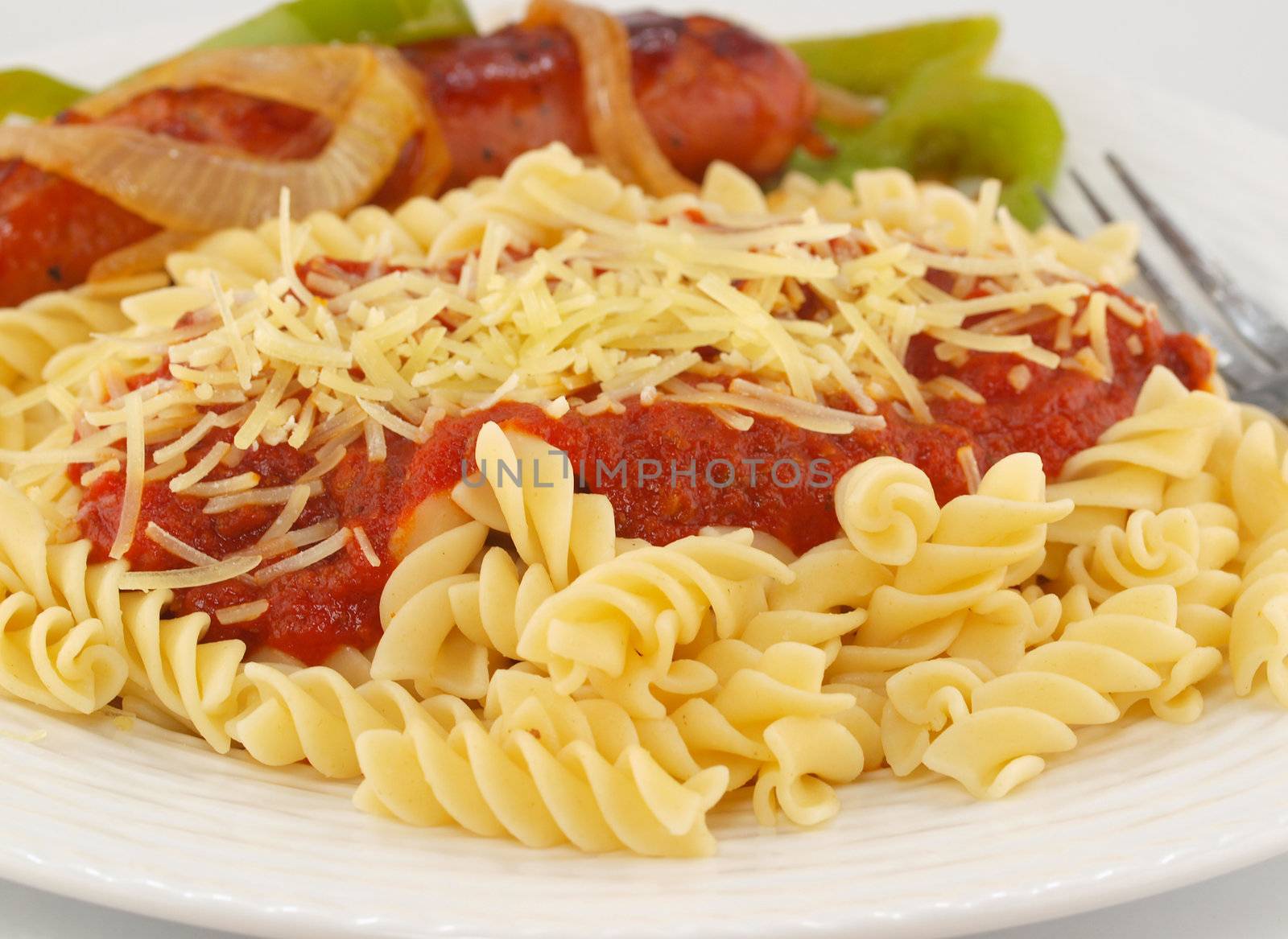 Rotini Pasta with Tomato Sauce, Cheese, and Sausage with Peppers and Onions    