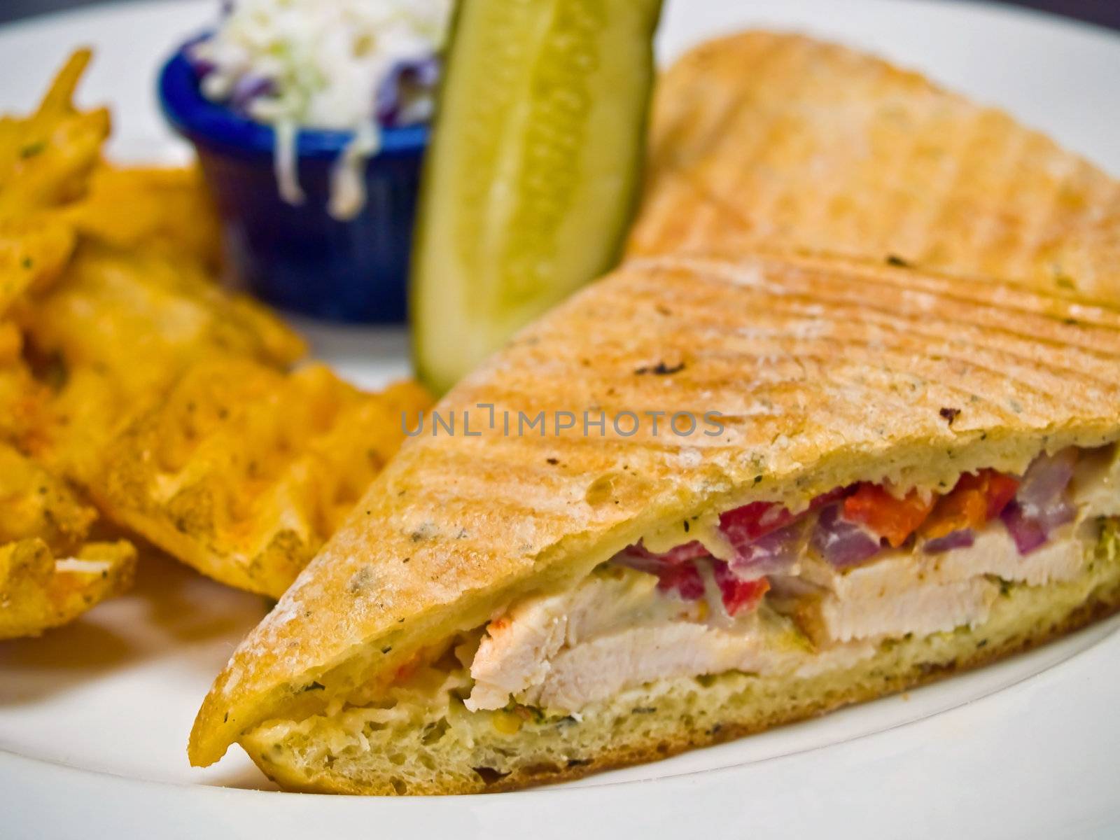 Grilled Chicken Panini with Cole Slaw, Pickle and Fried Potatoes