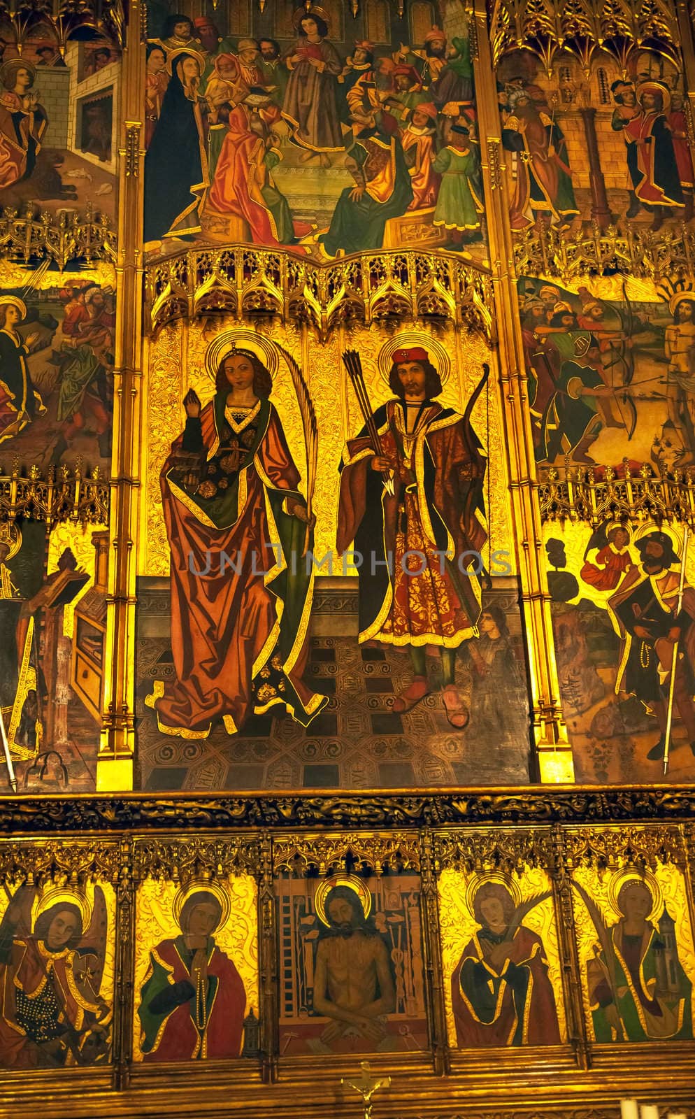 Ancient Golden Screen Gothic Catholic Barcelona Cathedral BasilicaCatalonia Spain.  Built in 1298.