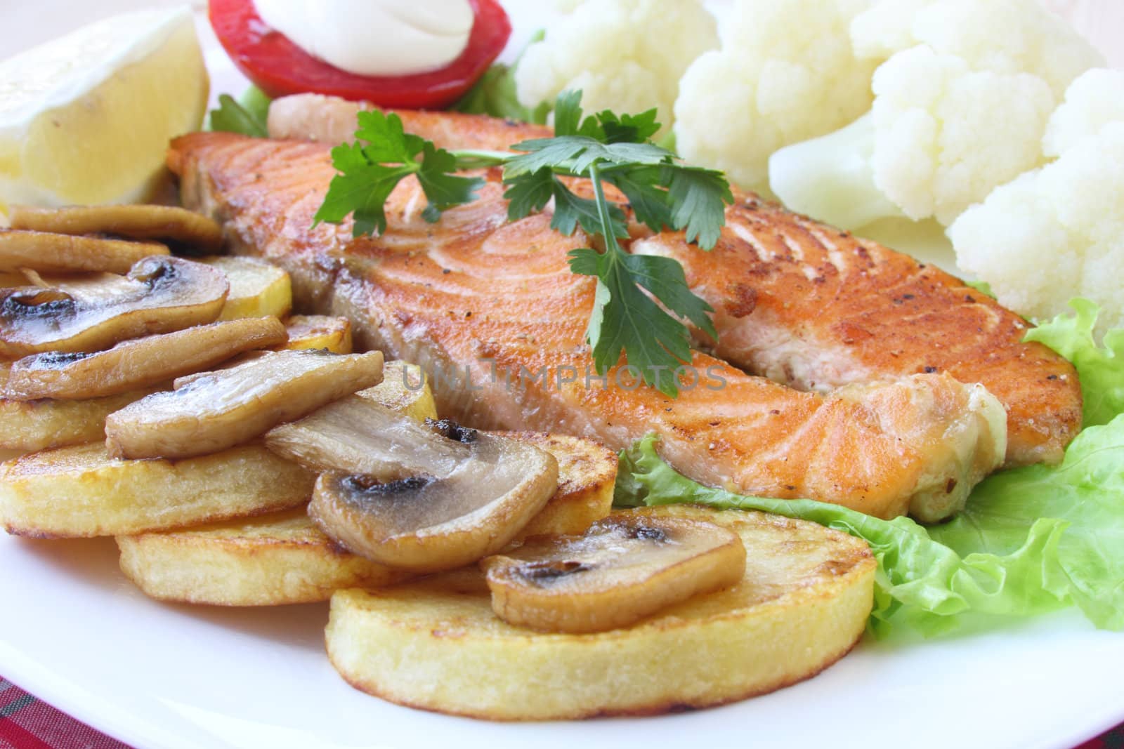 Salmon with vegetable garnish on white plate