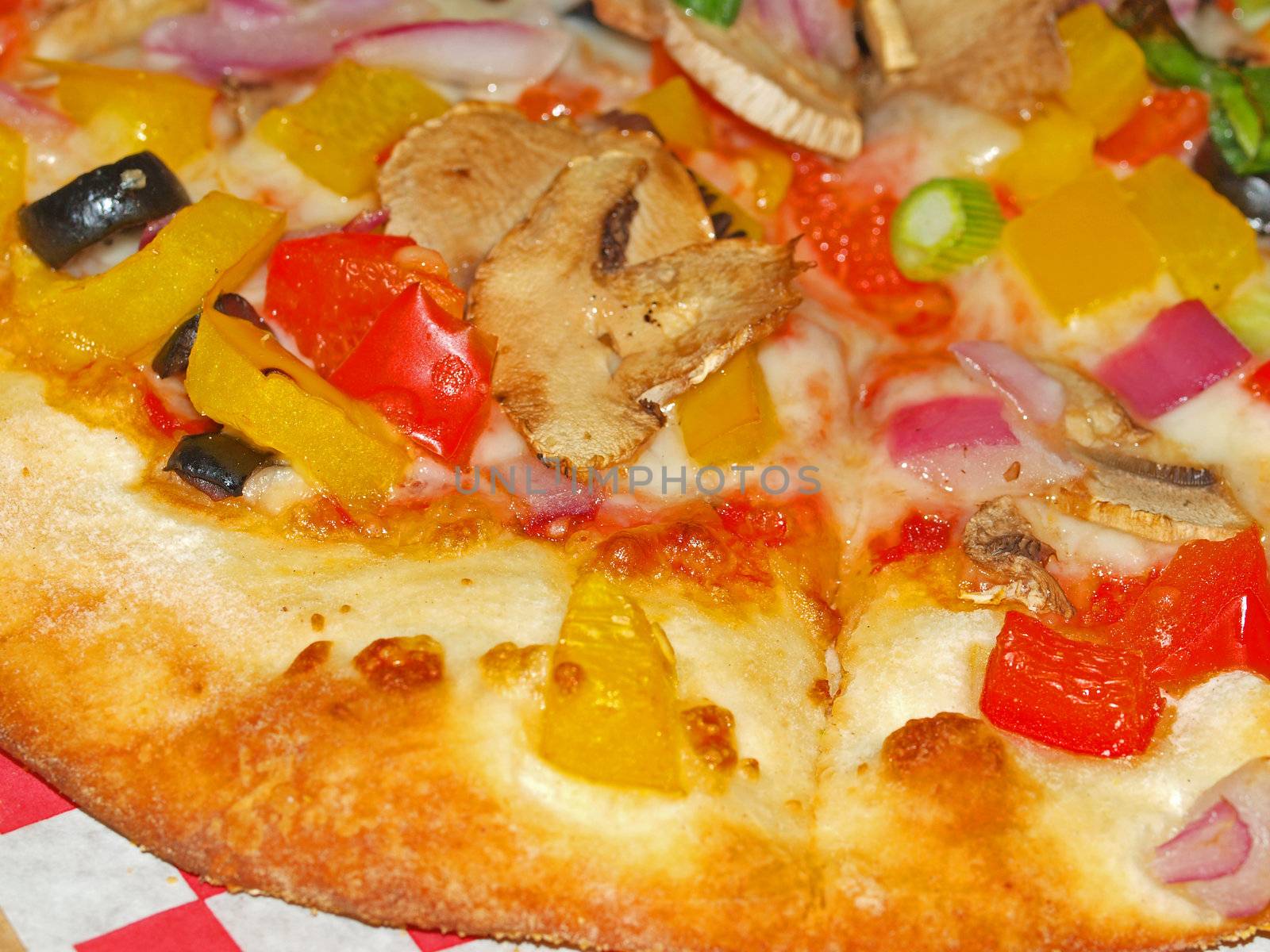 A Fresh and Healthy Vegetable Pizza on Red Checked Paper