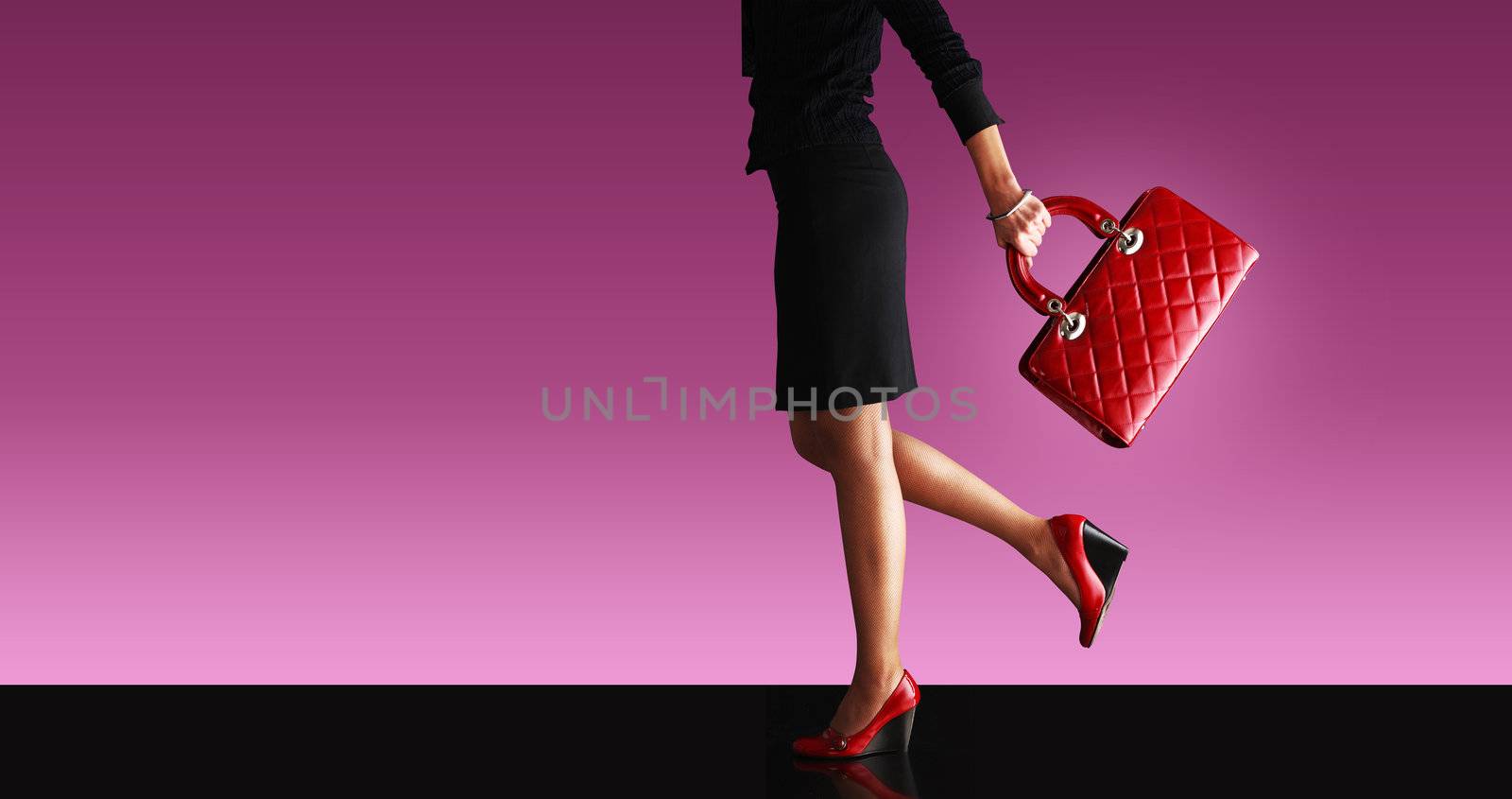 sexy woman, walking with red bag