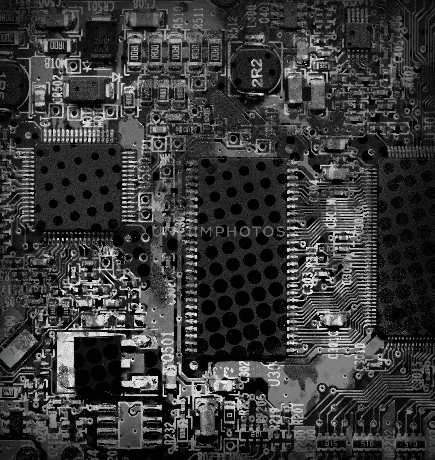 desaturated Grunge circuit board with halftones