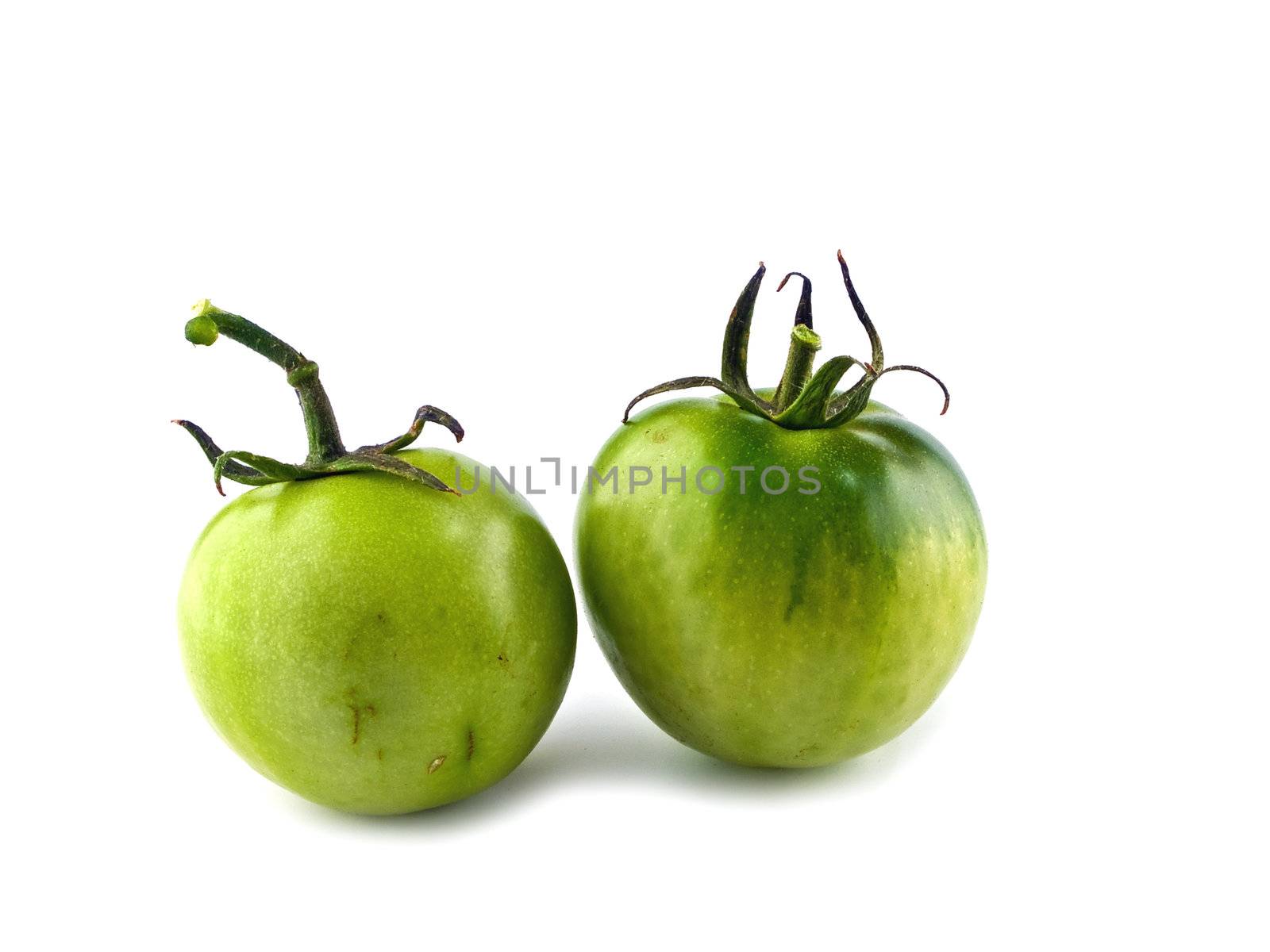 Two Green, Unripened Tomatoes Isolated oh White