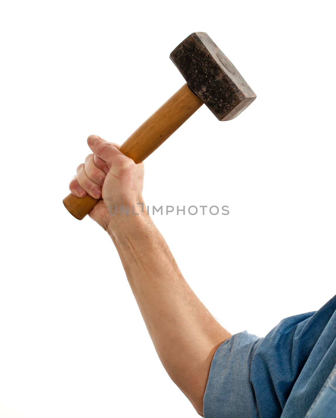 Senior male holding a large lump hammer isolated against white