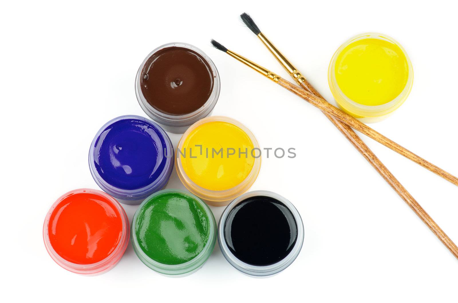 Arrangement of Containers with Black, Green, Red, Yellow, Purple and Brown Watercolors and Two Paintbrushes isolated on white background. Top View