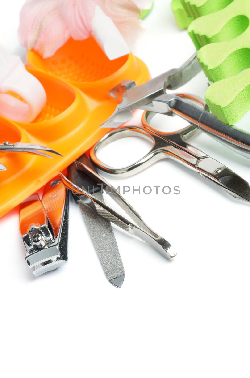 Manicure and Pedicure Set with Various Tools and  Accessories closeup on white background