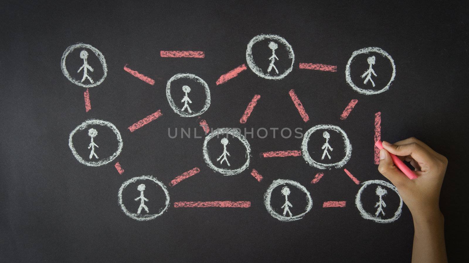Person drawing a People Network illustration with chalk on a blackboard. 