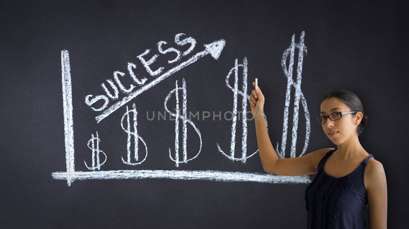 Woman pointing at an Success Money Graph llustration.