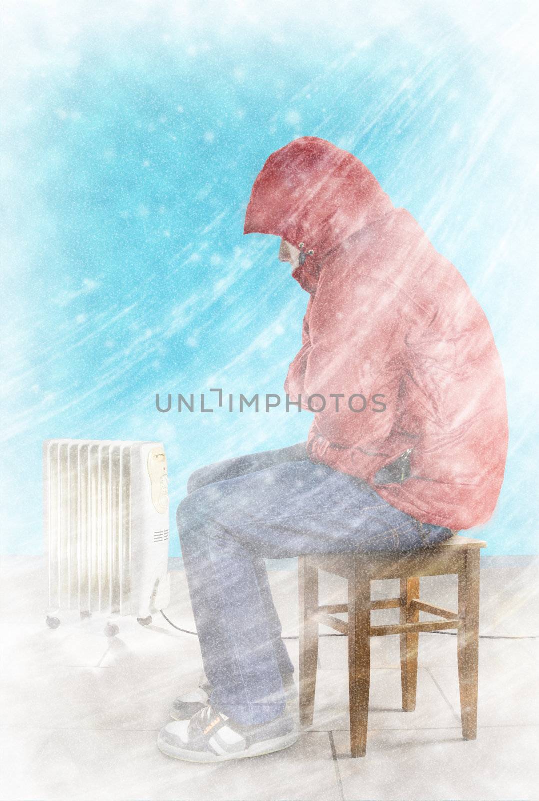 Cold winter wind with snow blows in the living room. Freezing guy in warm clothes is sitting near the heating radiator.
