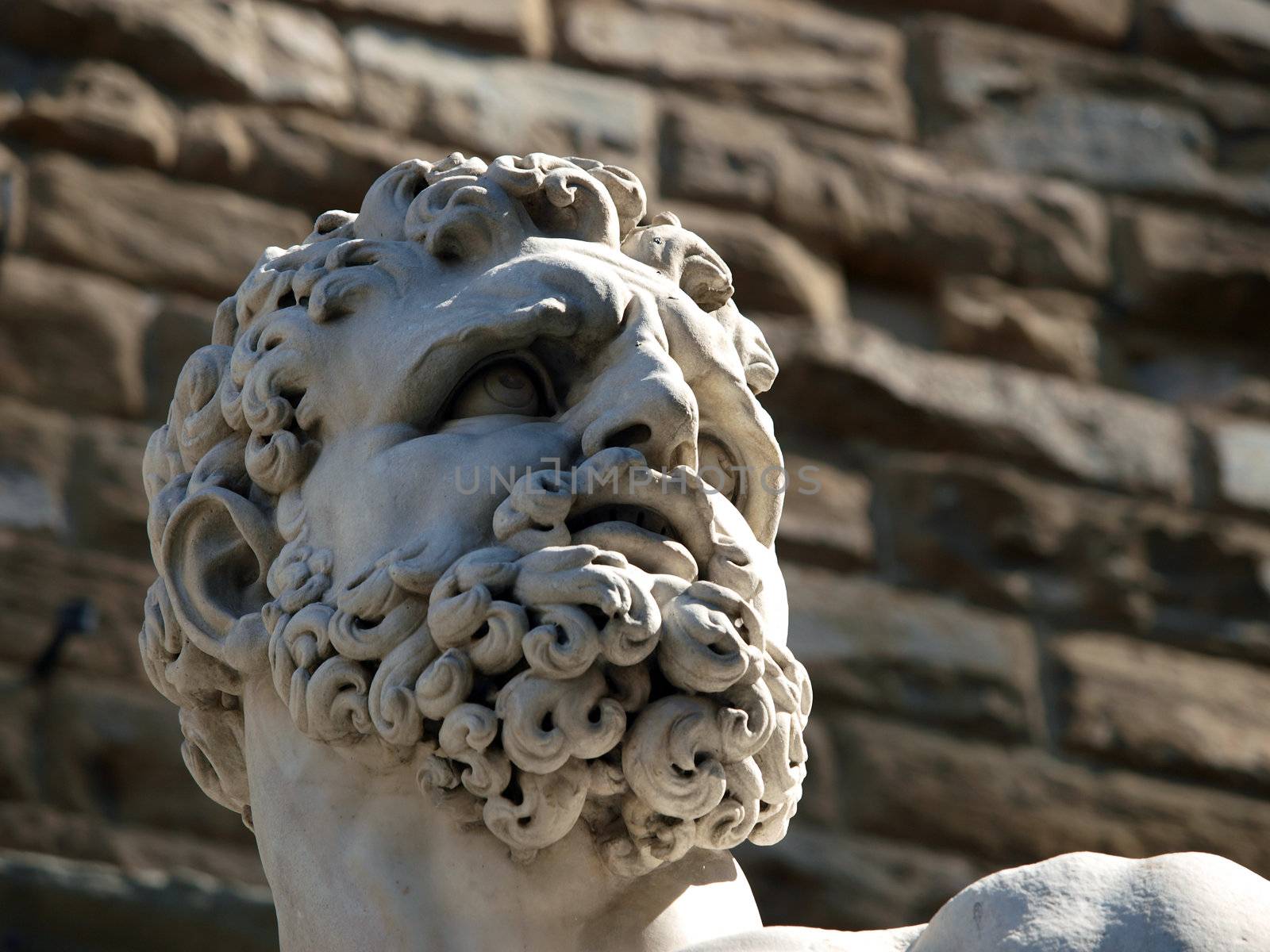 Florence - Sculpture Hercules and Cacus by Bandinelli. The white marble sculpture Hercules and Cacus is to the right of the entrance of the Palazzo Vecchio in the Piazza della Signoria, Florence, Italy.