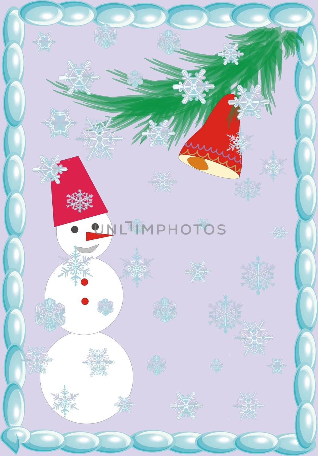 snowman at the christmas on the violet background with a bell