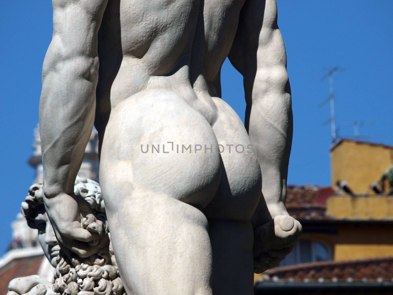 Florence - Sculpture Hercules and Cacus by Bandinelli. The white marble sculpture Hercules and Cacus is to the right of the entrance of the Palazzo Vecchio in the Piazza della Signoria, Florence, Italy.