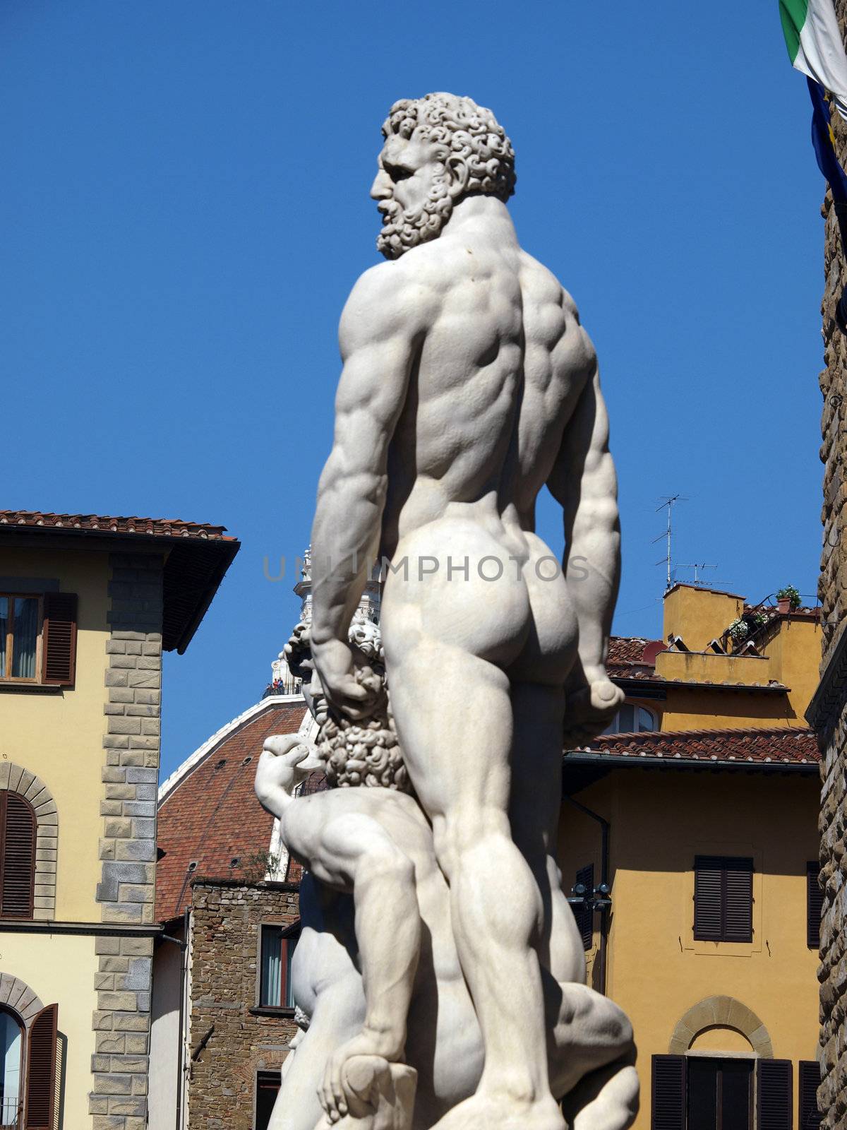Florence - Sculpture Hercules and Cacus by Bandinelli. The white marble sculpture Hercules and Cacus is to the right of the entrance of the Palazzo Vecchio in the Piazza della Signoria, Florence, Italy.