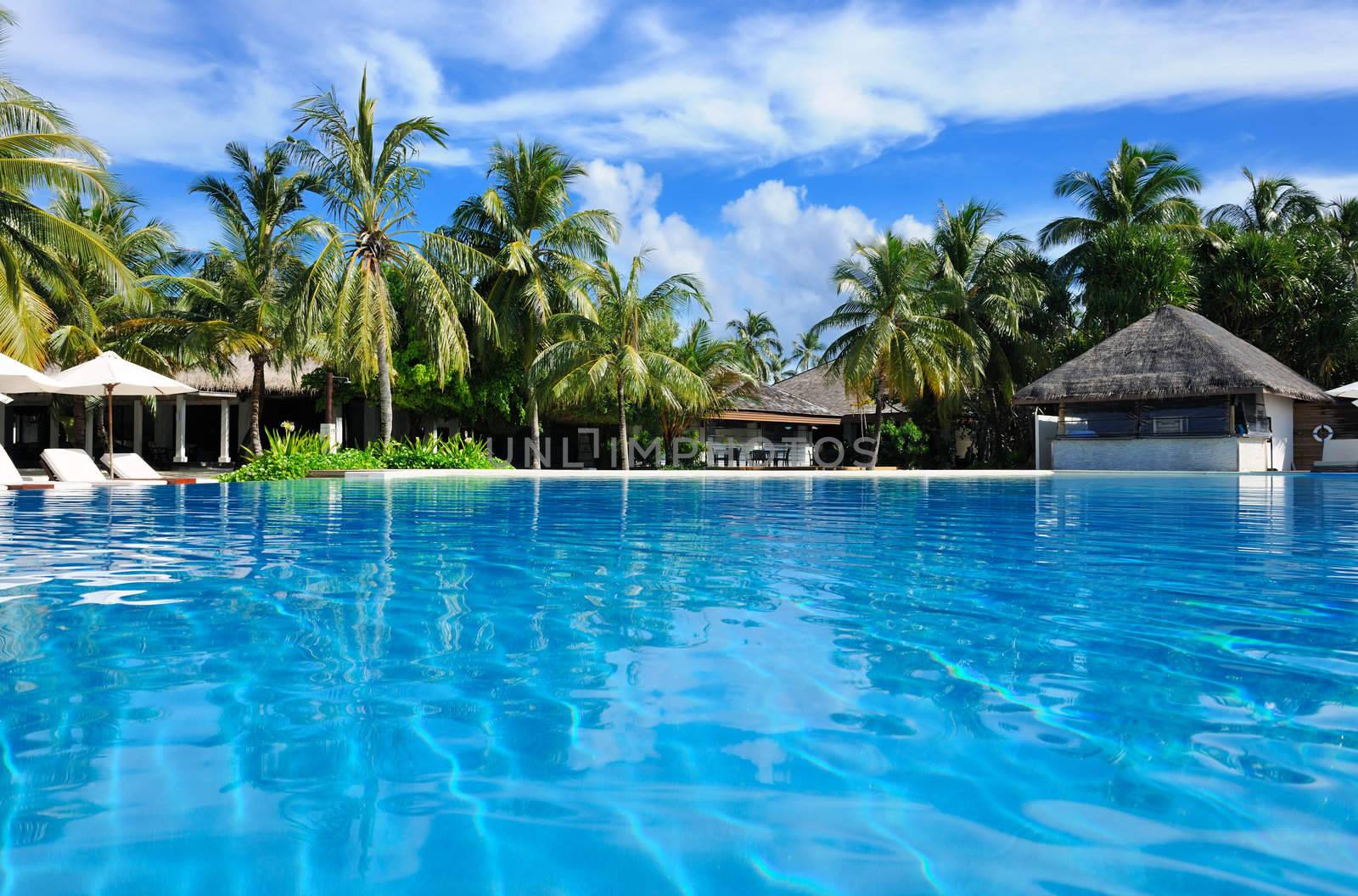 Luxury swimming pool in the tropical hotel