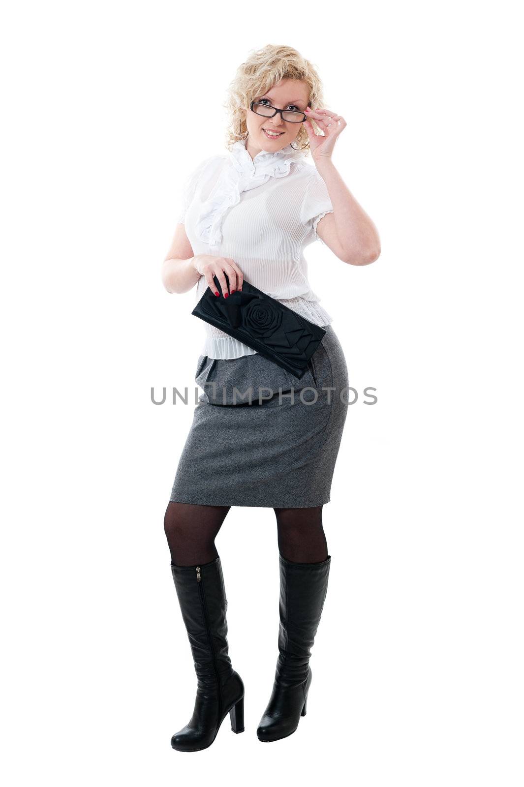 Women in white blouse  and grey skirt isolated on white background