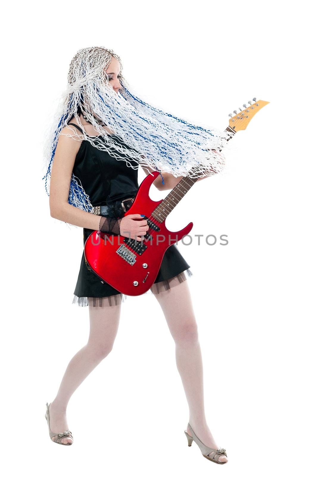 Young guitarist with red guitar on white background