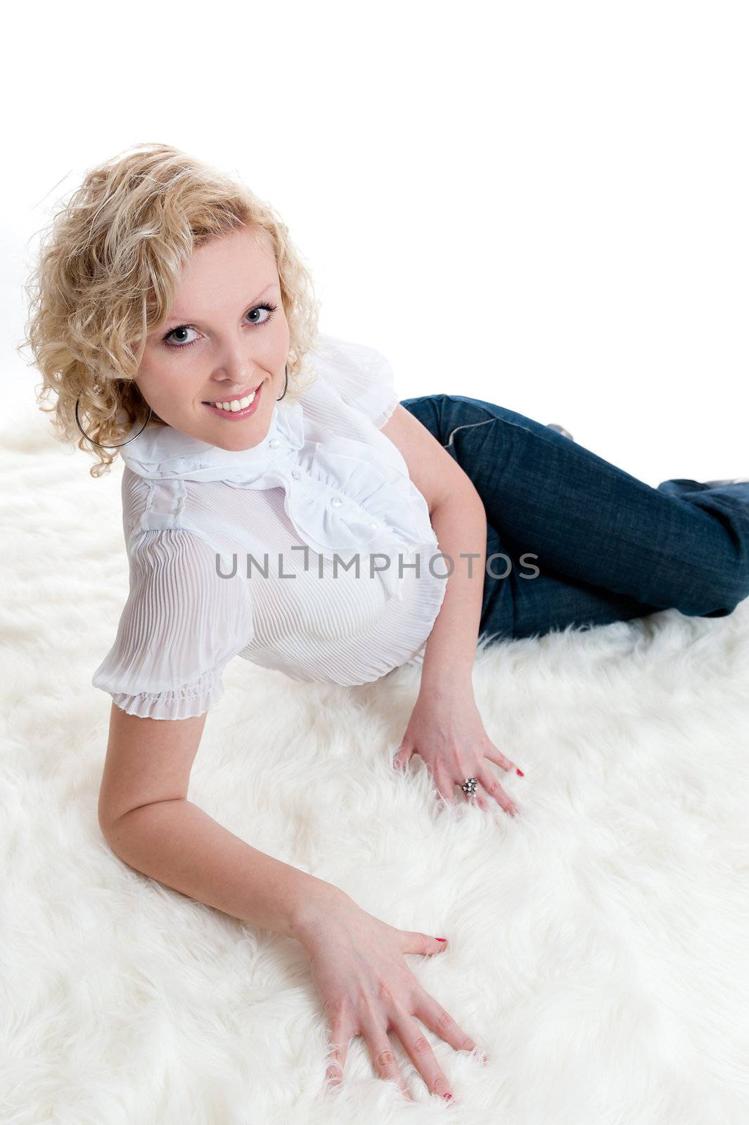 Women in white blouse  and jeans isolated on white background