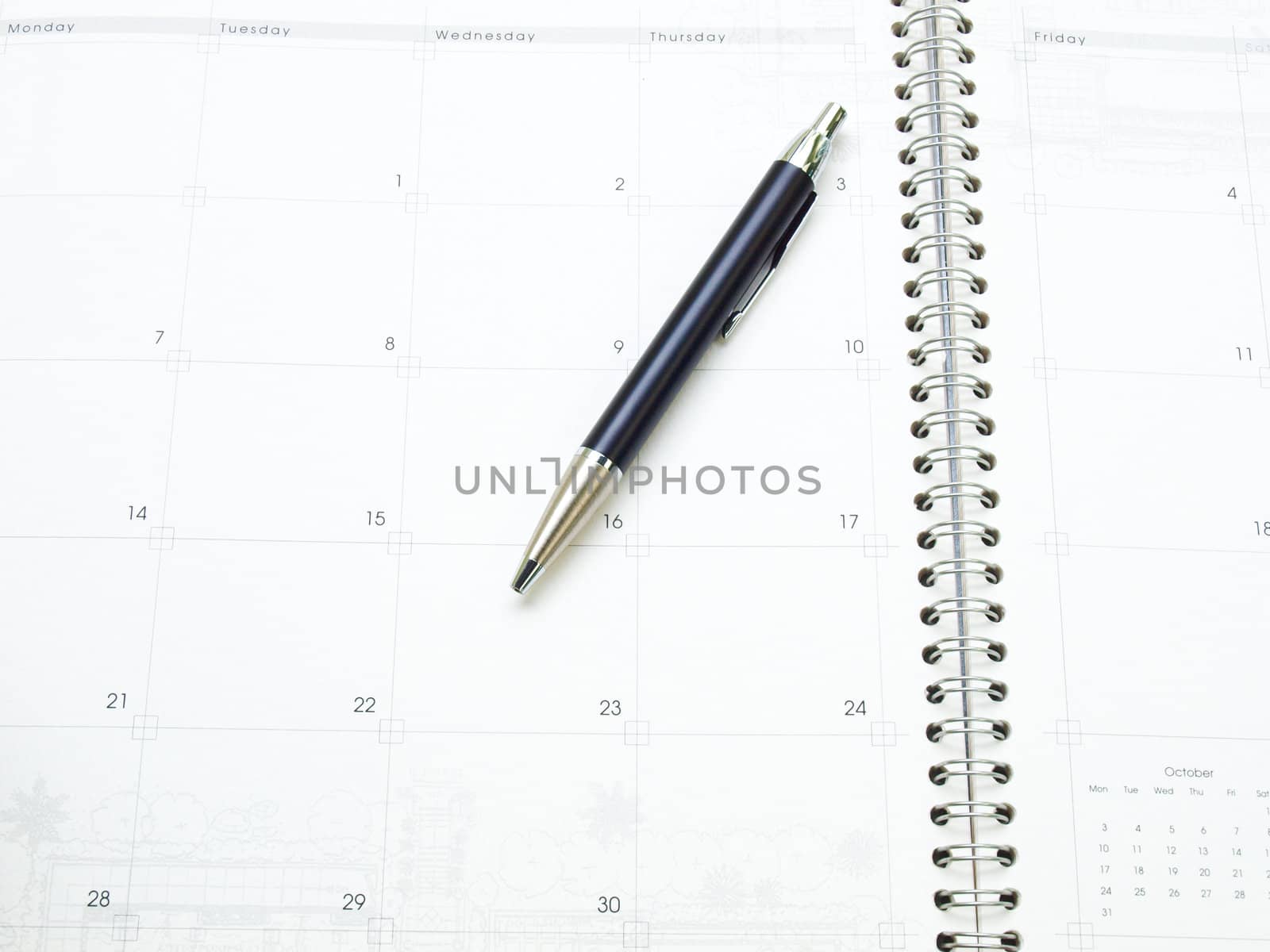 A calendar page in organizer and a pen as background