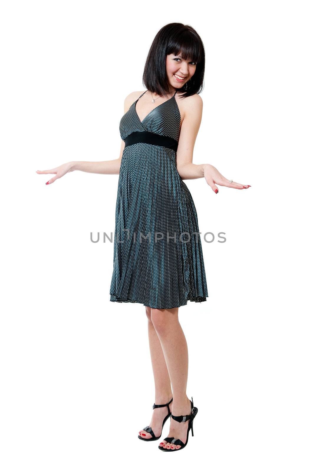 Young girl in black dress isolated on white background