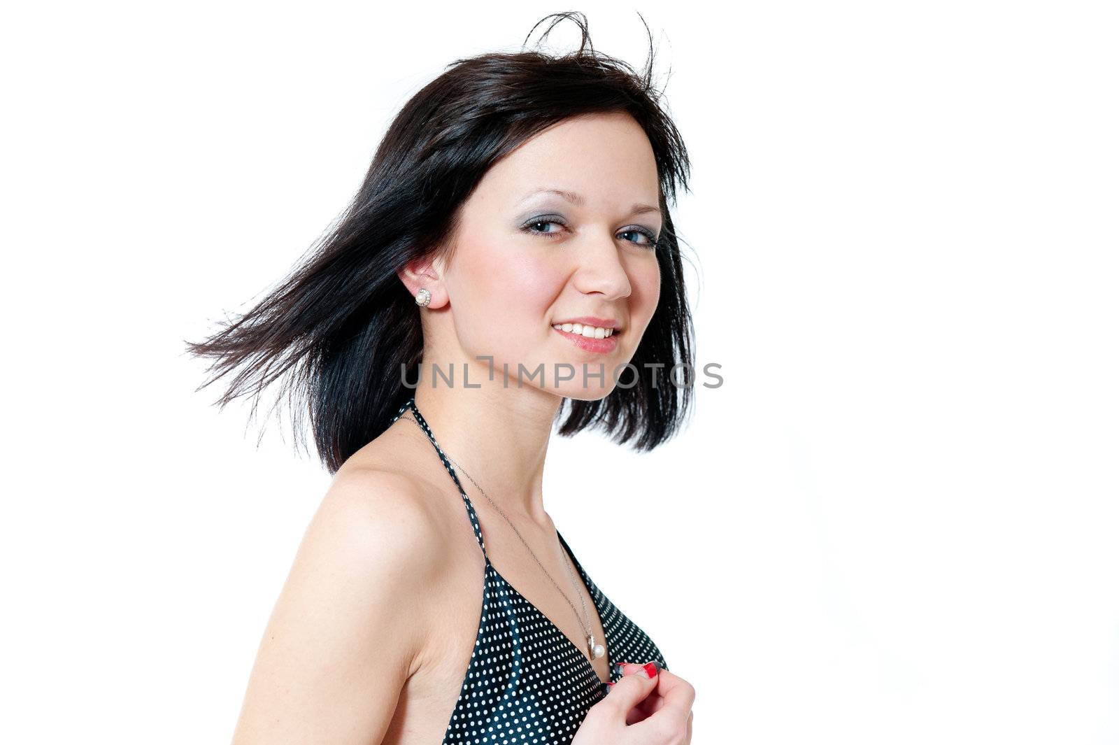 Young girl in black dress isolated on white background
