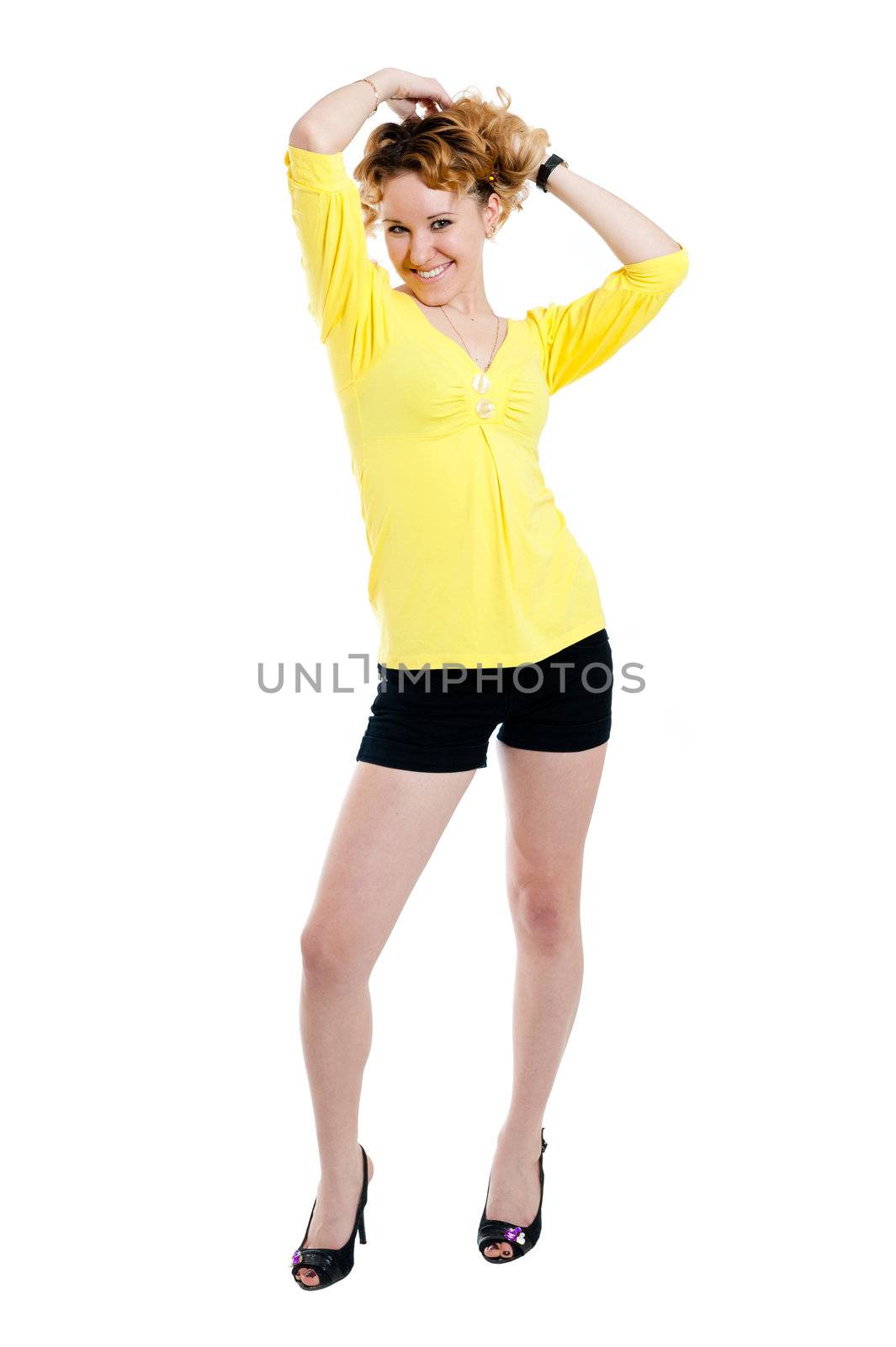 Young girl in yellow blouse isolated on white background