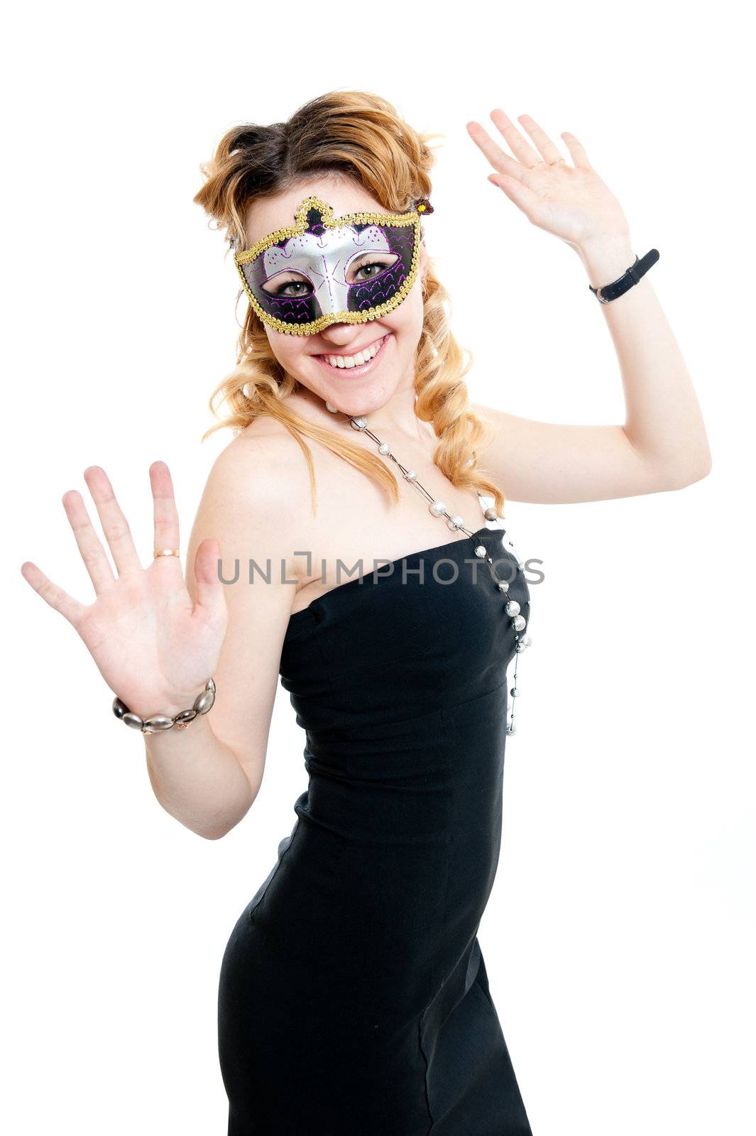 Young girl in black dress isolated on white background