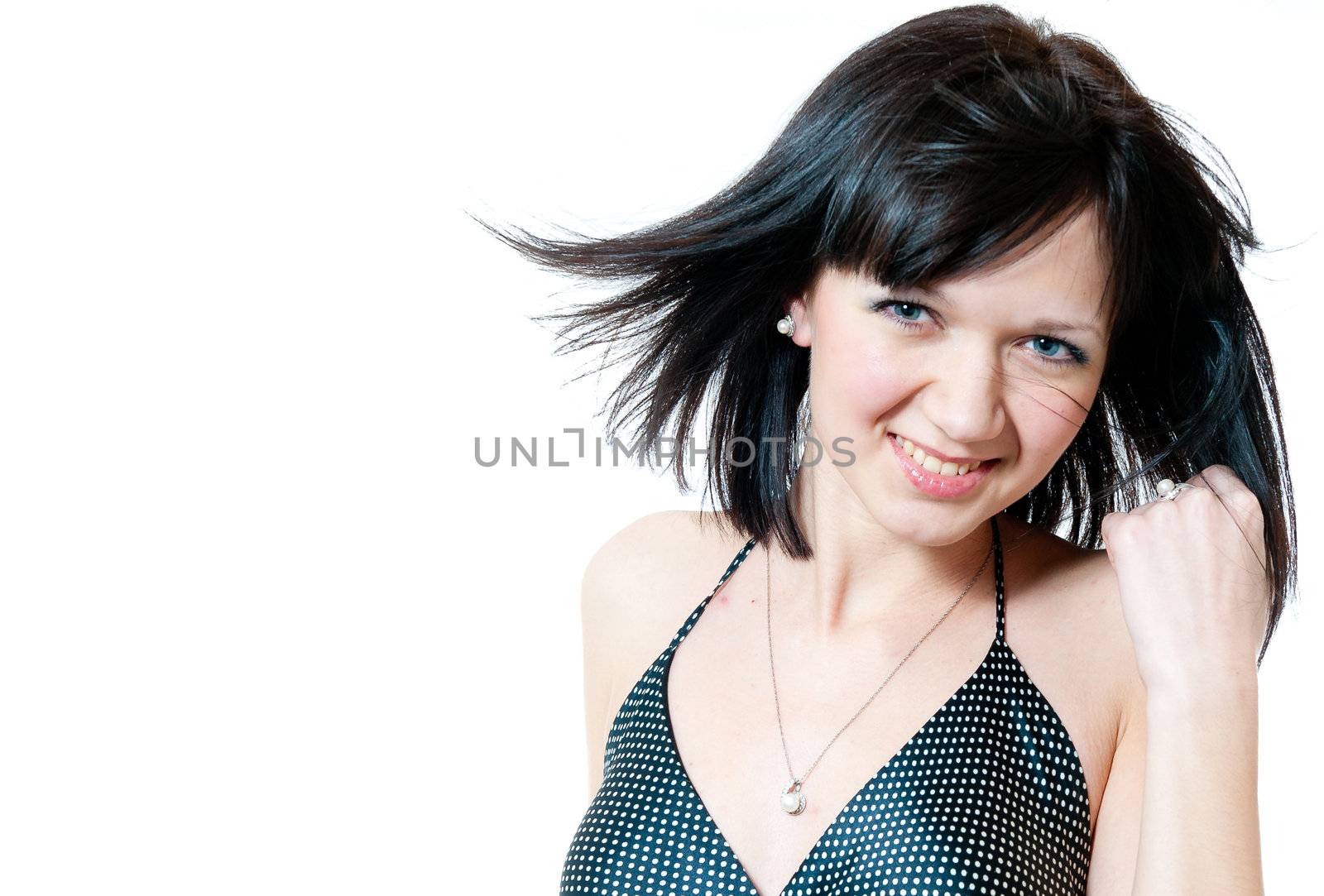 Young girl in black dress isolated on white background