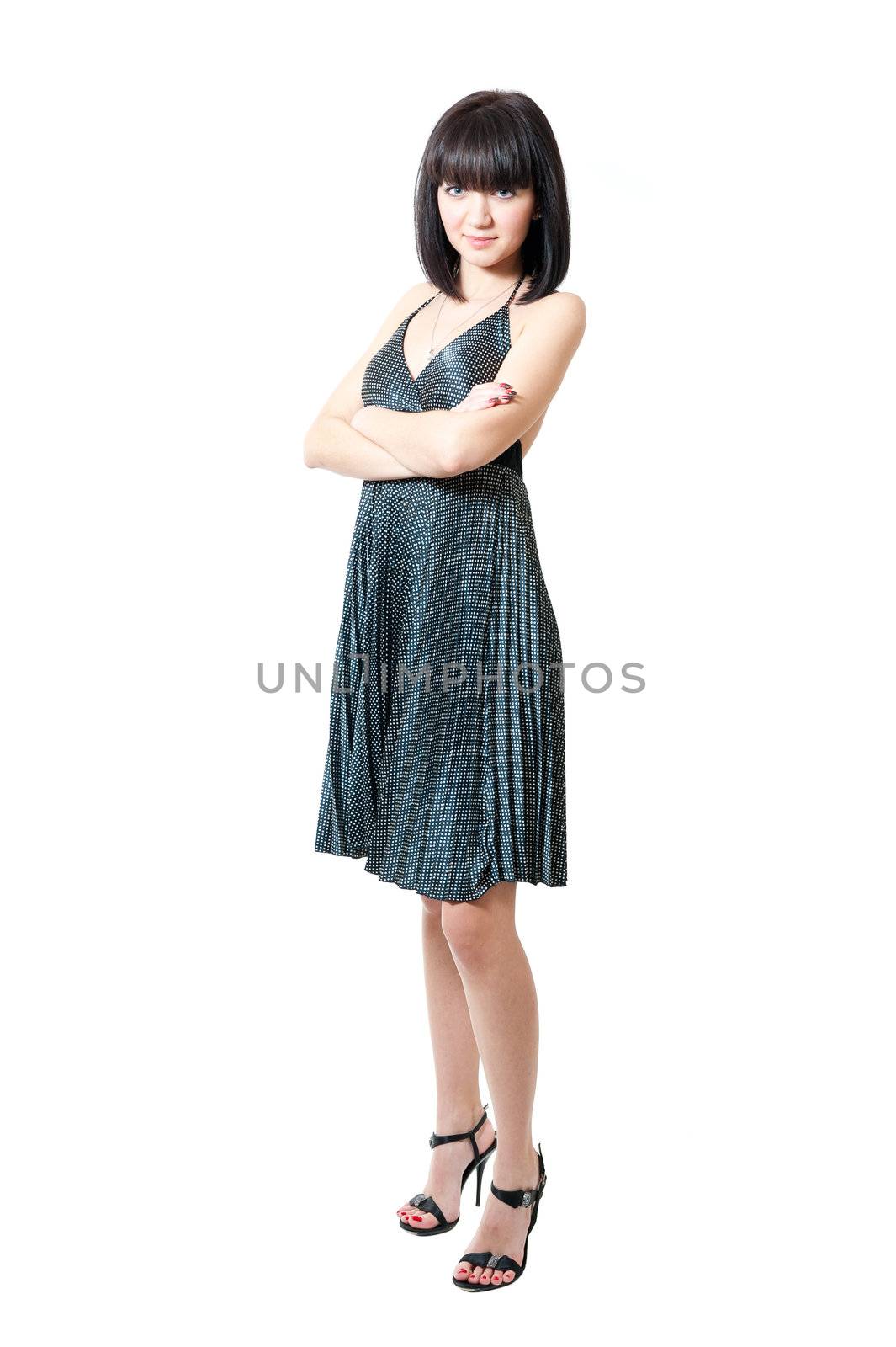 Young girl in black dress isolated on white background