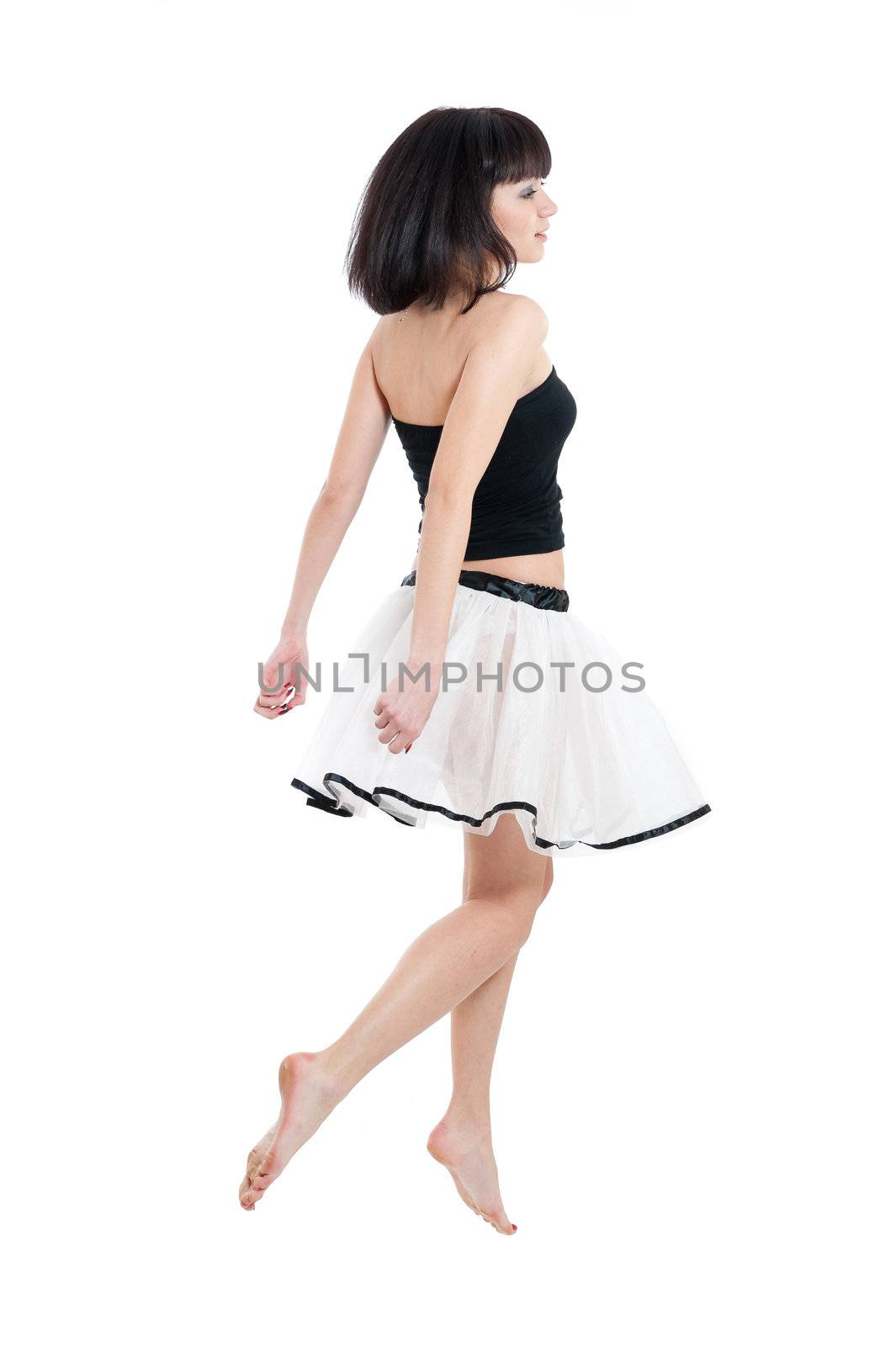 Young girl in transparent skirt isolated on white background