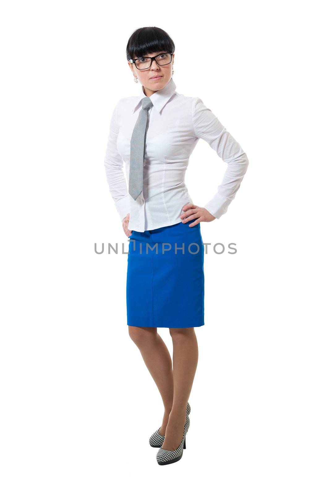 Beauty women in white shirt and blue skirt isolated on white background