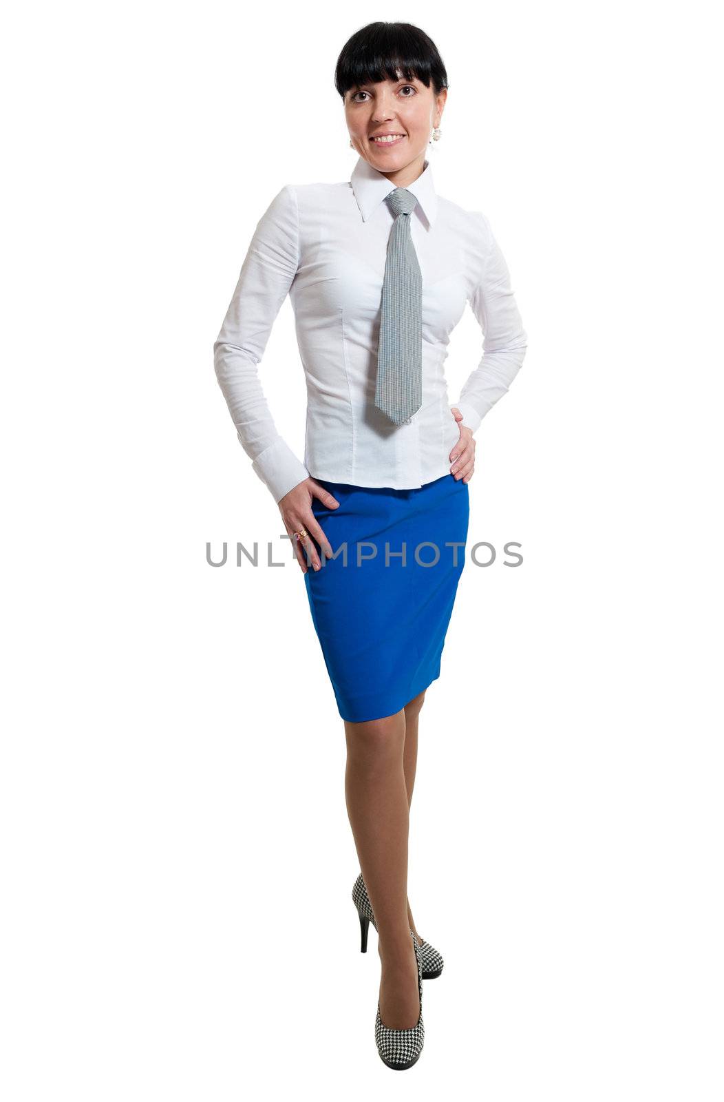 Beauty women in white shirt and blue skirt isolated on white background