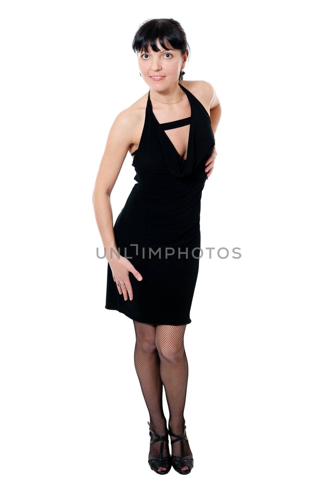 Beauty women in black dress isolated on white background