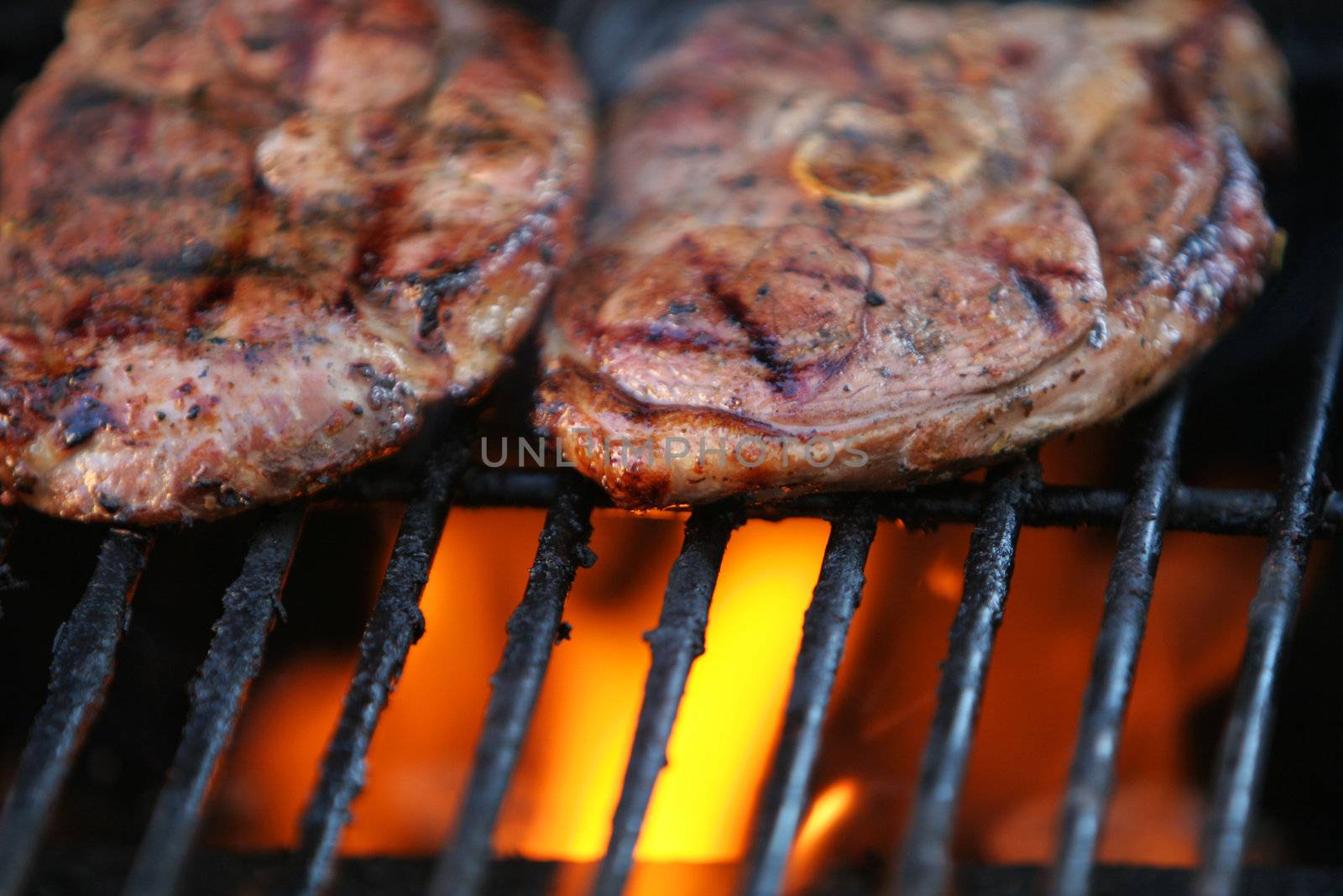 Lamb chops being barbecued on a gasgrill, flames visible beneath meat
