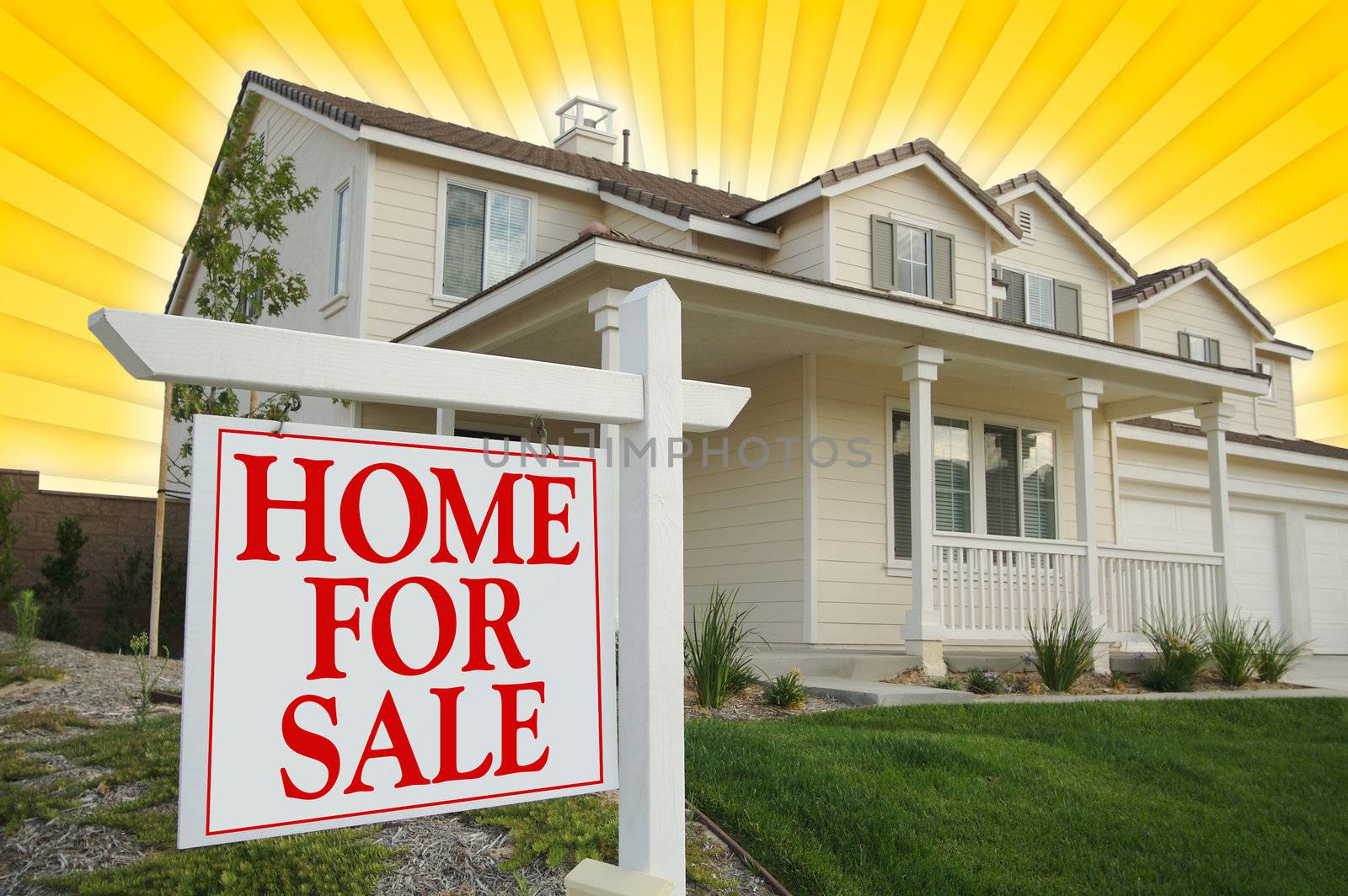 Home For Sale sign with Yellow Star-burst Background in front of new house.