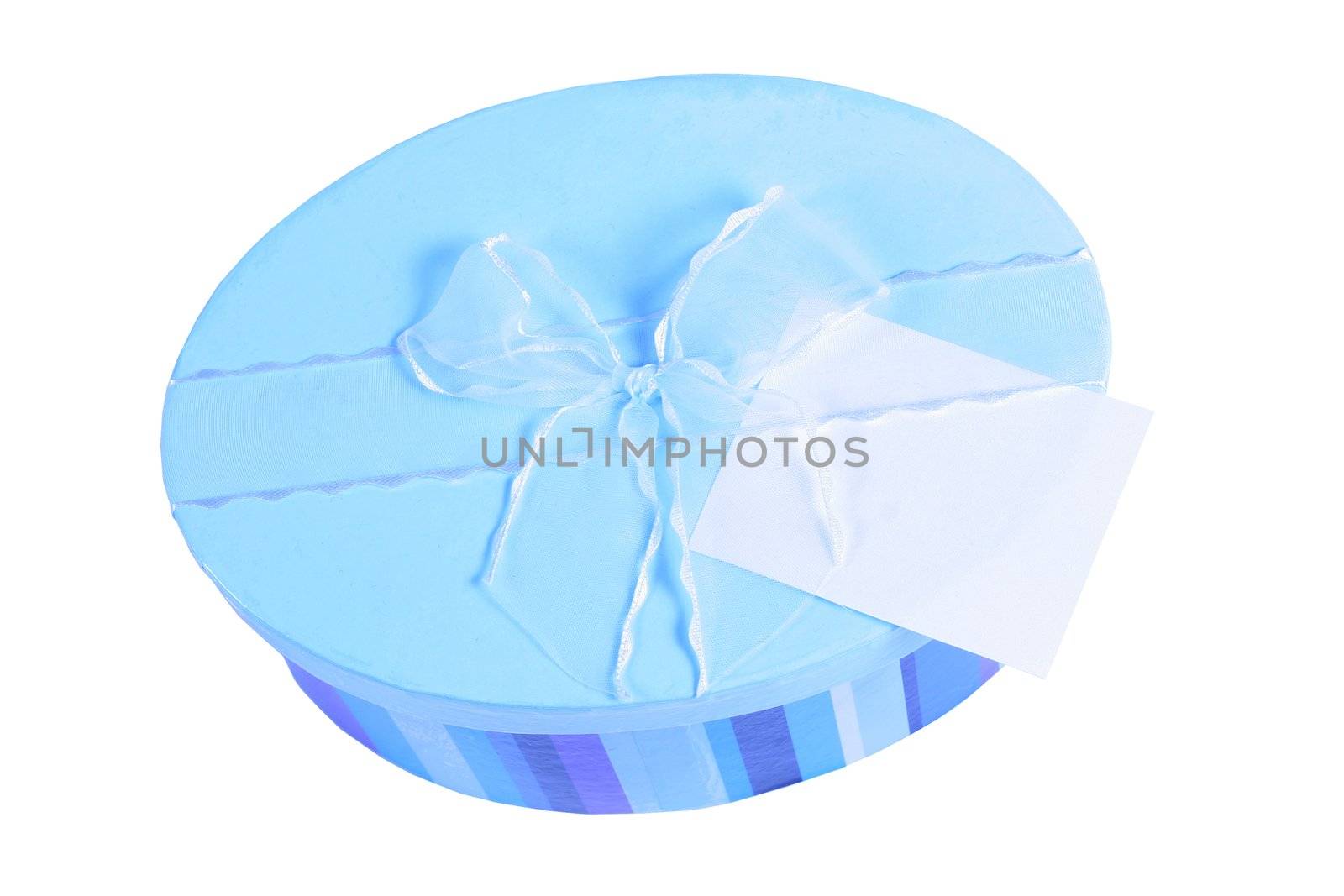 Blue pastel striped gift box with tag isolated on white by jarenwicklund