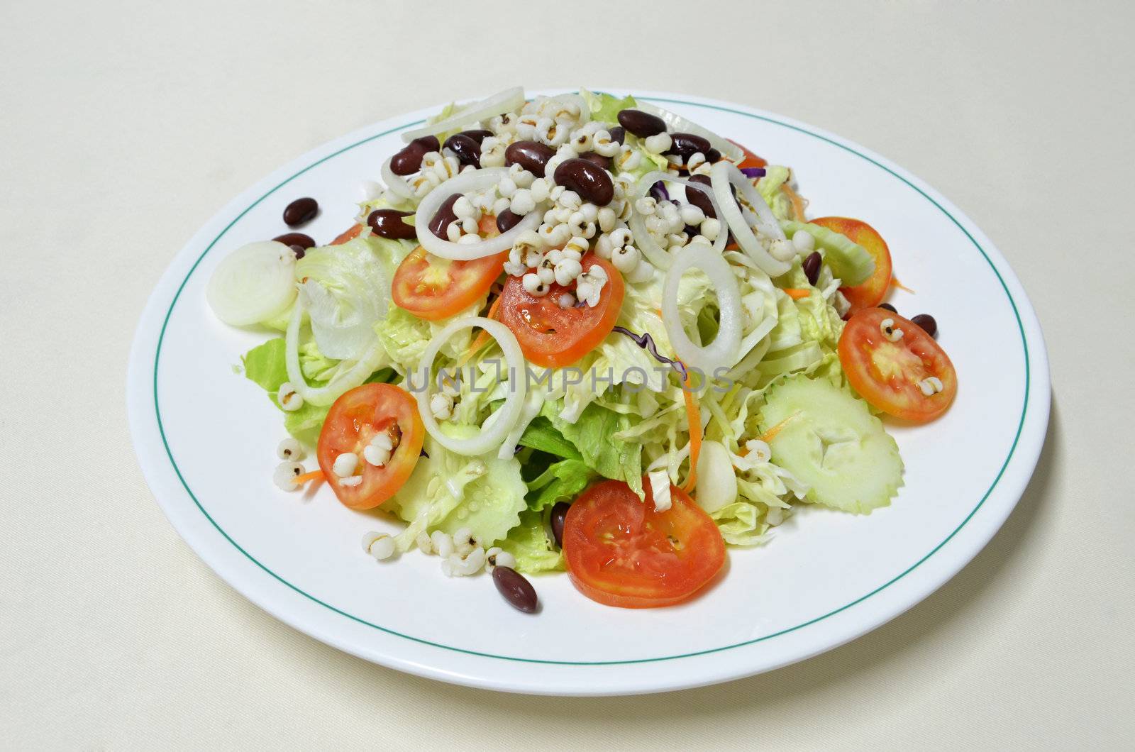 Healthy vegetable salad with lettuce, spring onion, rocket salad, tomatoes ,kidney bean 
