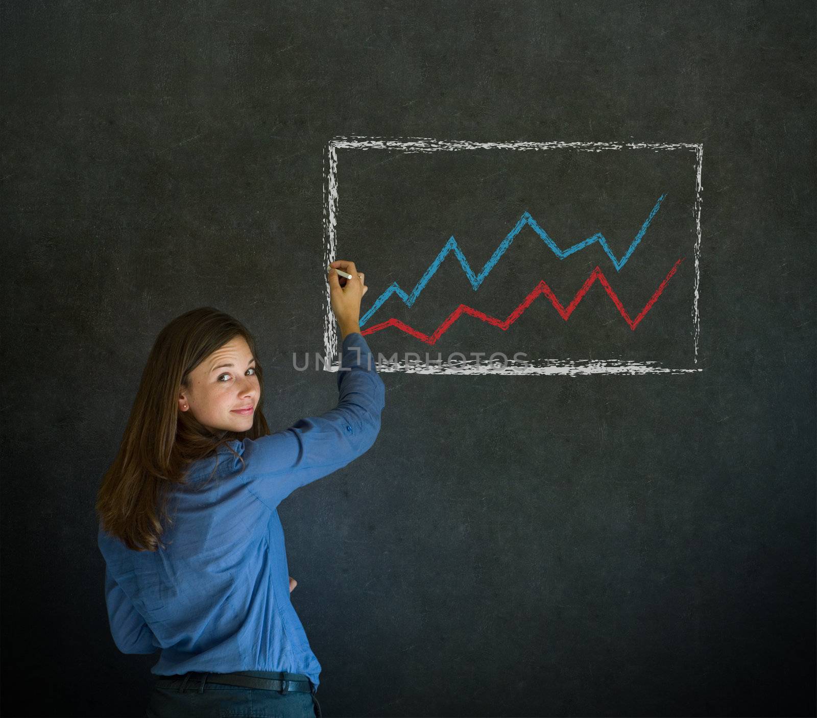 Confident business woman or teacher writing on blackboard background with graph