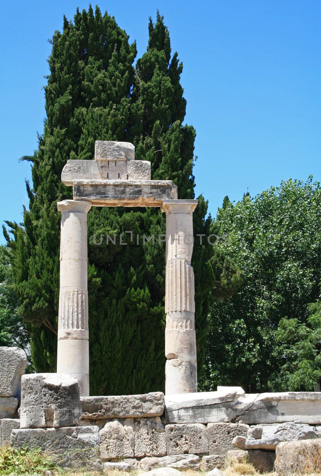 Greece. Kos island. Marble columns. Ruins